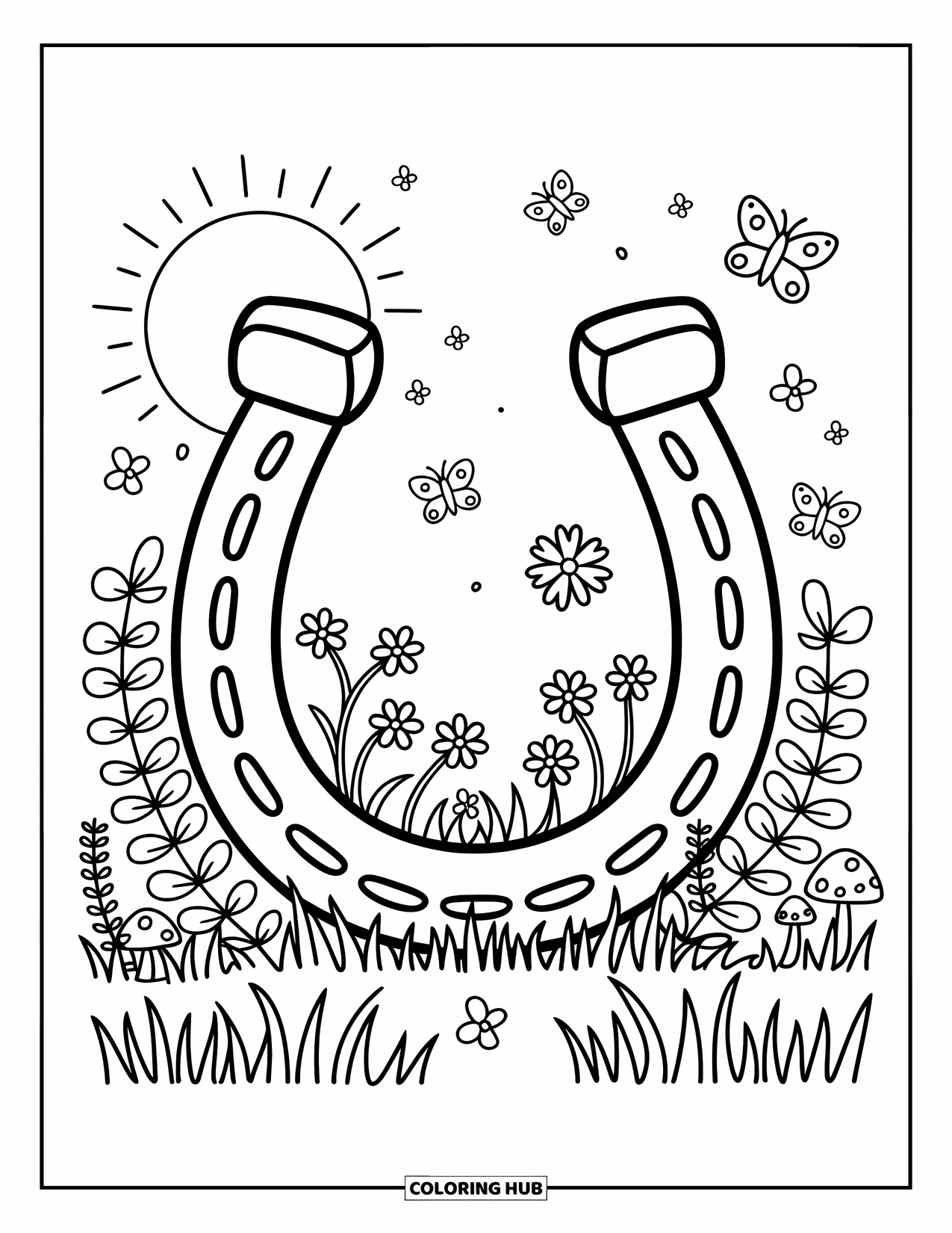 St. Patrick_S Day Coloring Page for Adults: A horseshoe standing in a meadow surrounded by clovers and ferns