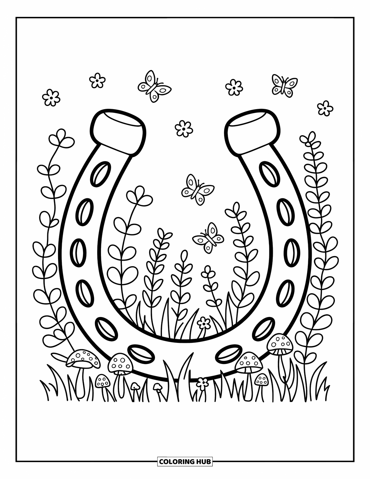 St. Patrick_S Day Coloring Page for Adults: A large horseshoe in the grass with butterflies and tiny mushrooms