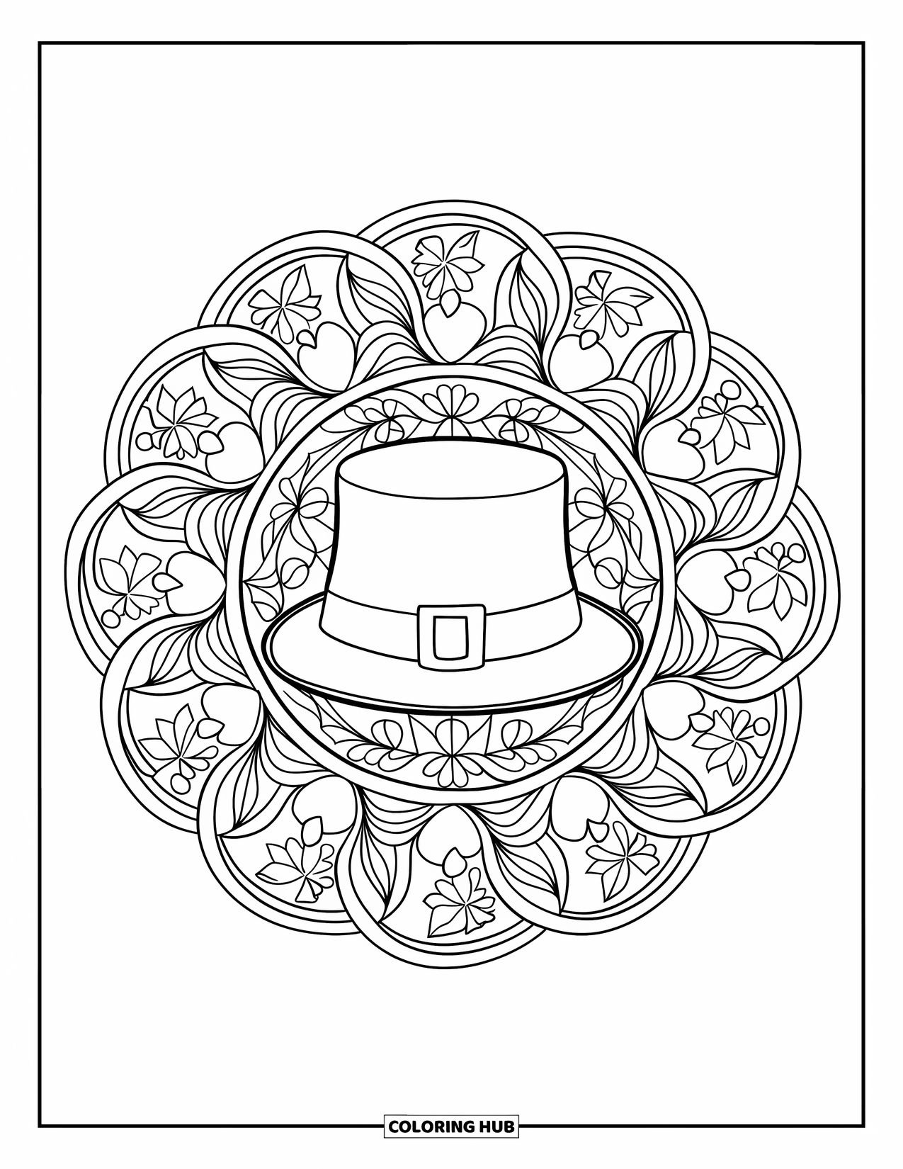 St. Patrick_S Day Coloring Page for Adults: A leprechaun hat at the center of a floral mandala pattern