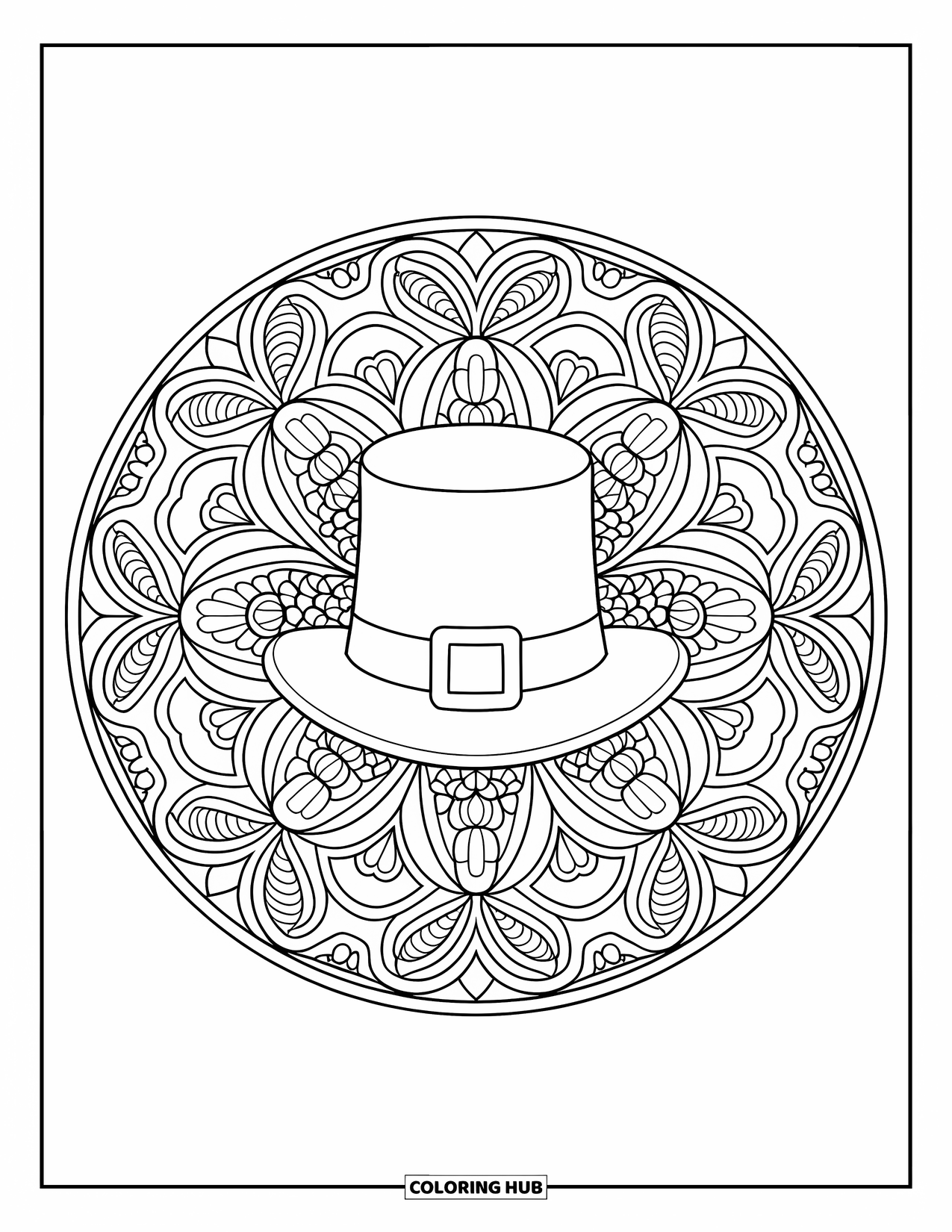 St. Patrick_S Day Coloring Page for Adults: A leprechaun hat framed by intricate leaf and vine mandala patterns