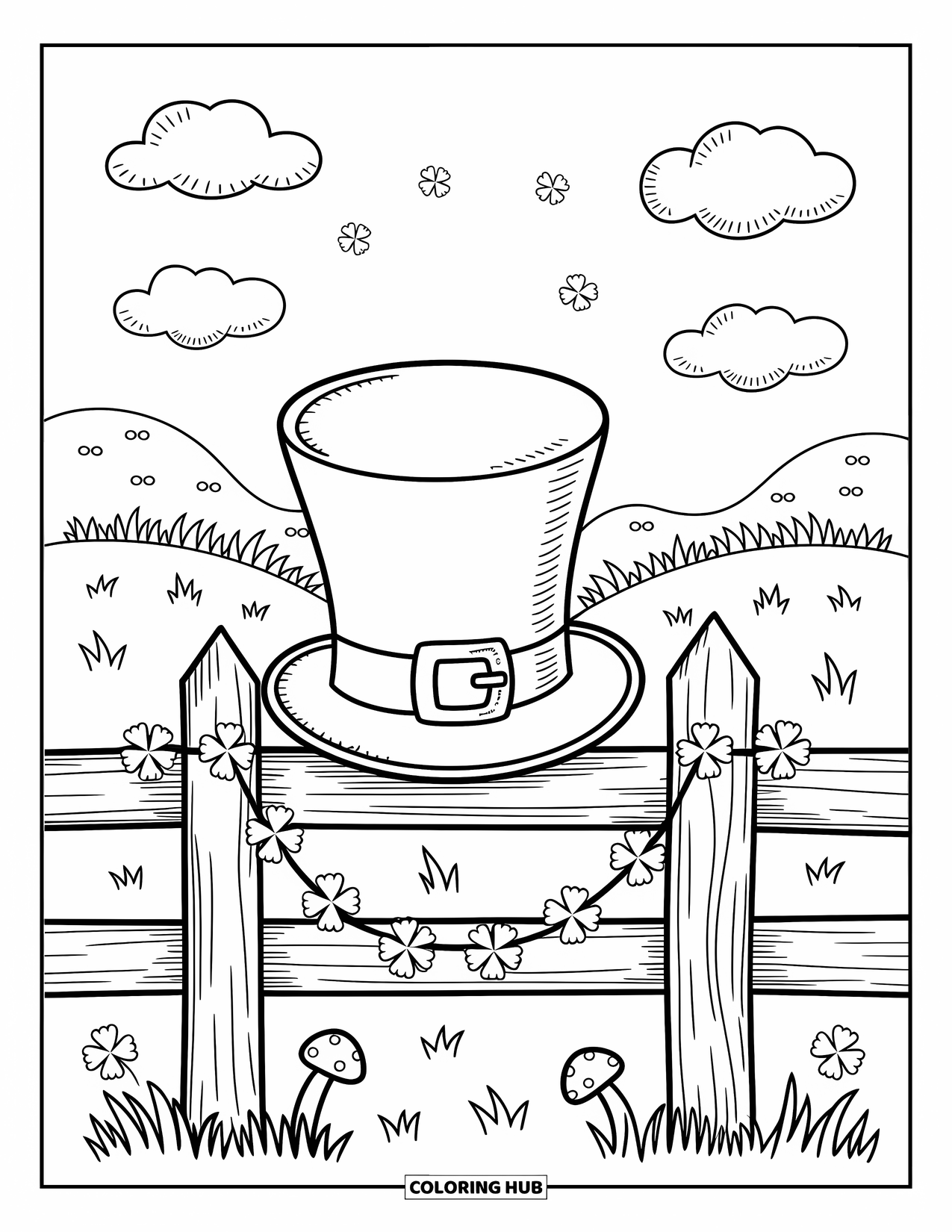 St. Patrick_S Day Coloring Page for Adults: A leprechaun hat resting on a wooden fence draped with clover garlands