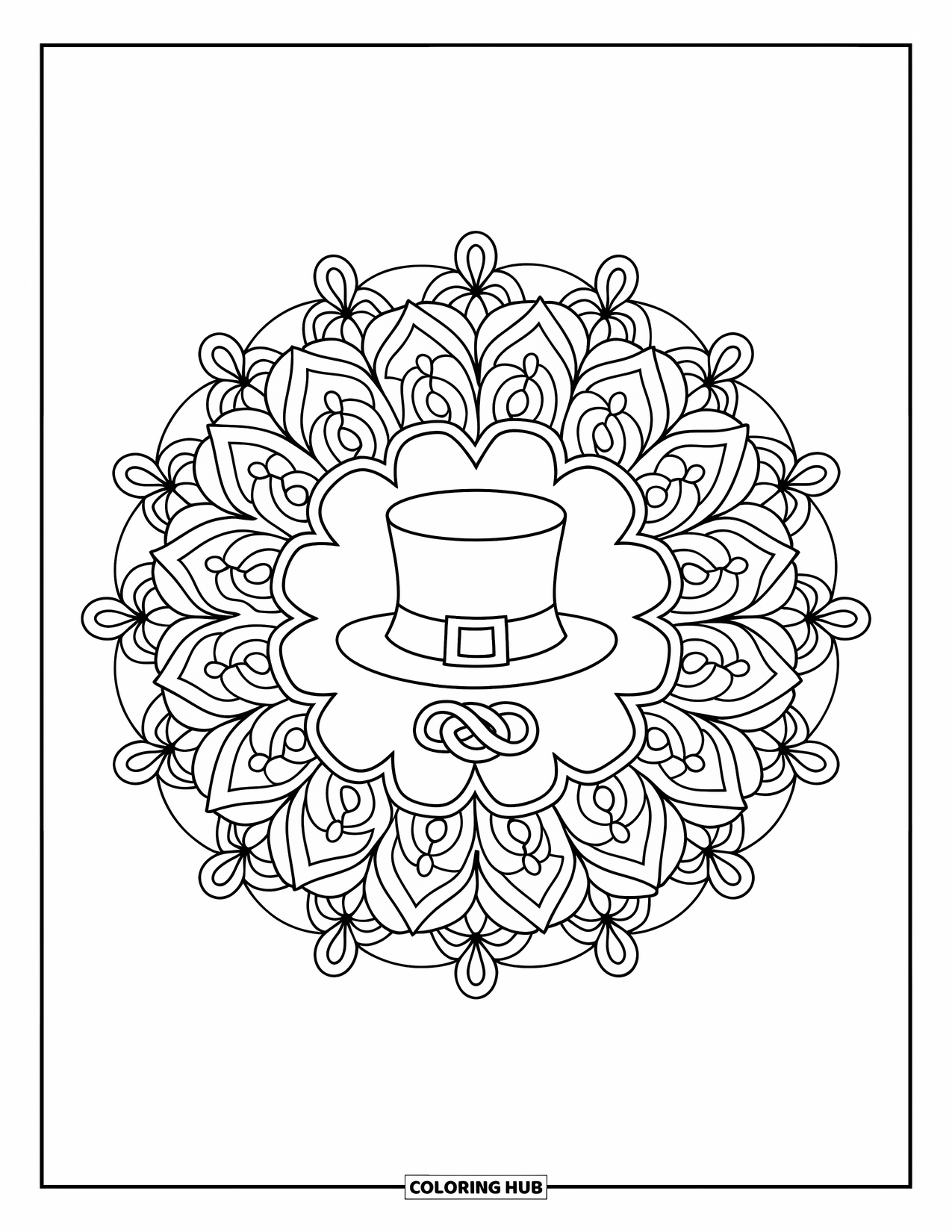 St. Patrick_S Day Coloring Page for Adults: A mandala of flowers and leaves with a hat resting on a Celtic knot