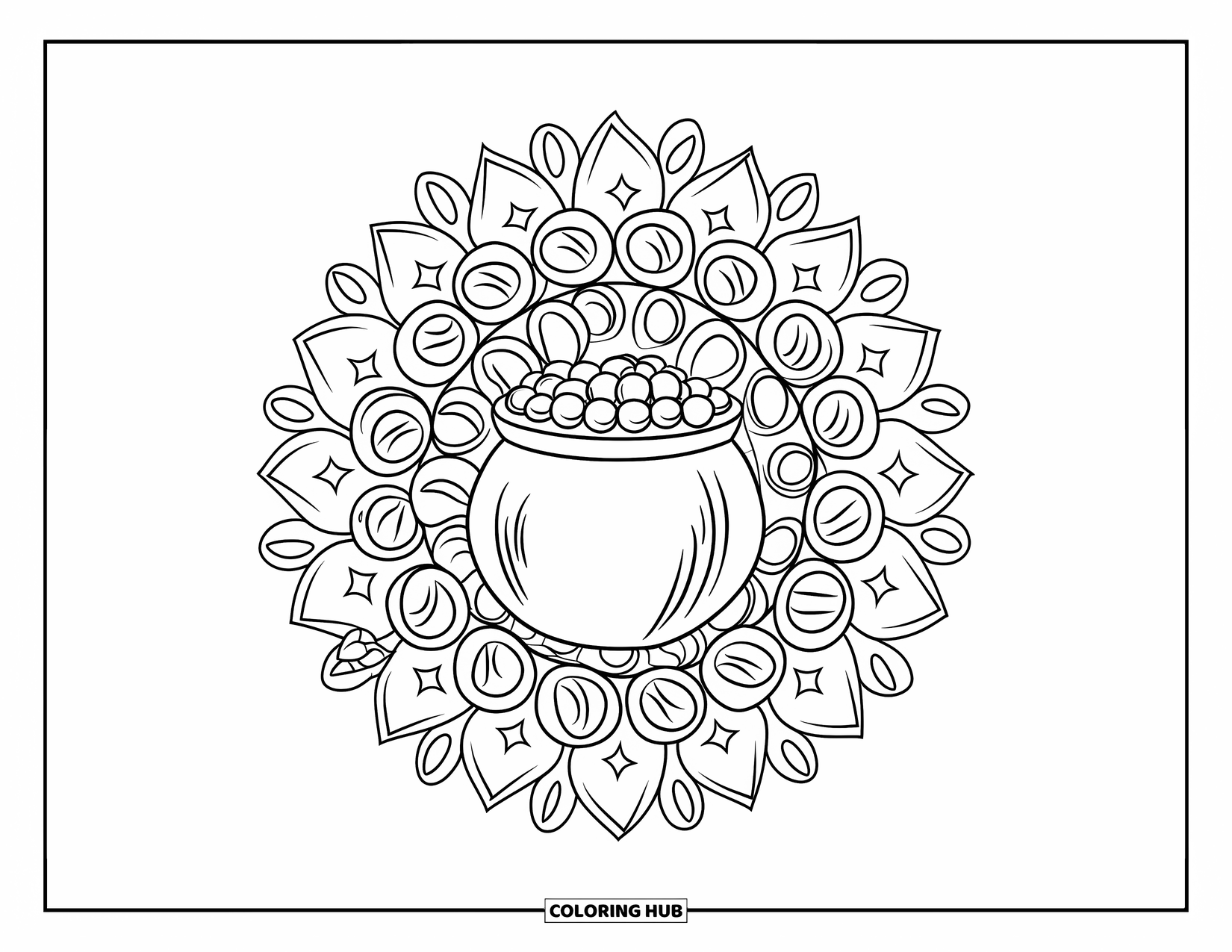 St. Patrick_S Day Coloring Page for Adults: A pot of gold centered in a mandala of coins, leaves, and stars