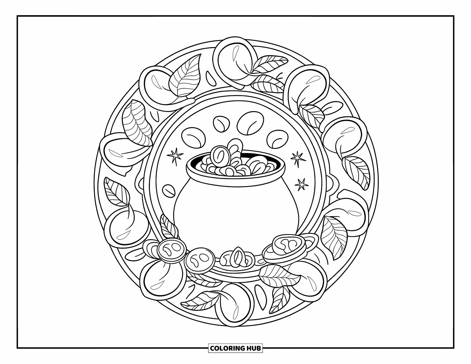 St. Patrick_S Day Coloring Page for Adults: A pot of gold inside an intricate mandala of coins, leaves, and stars