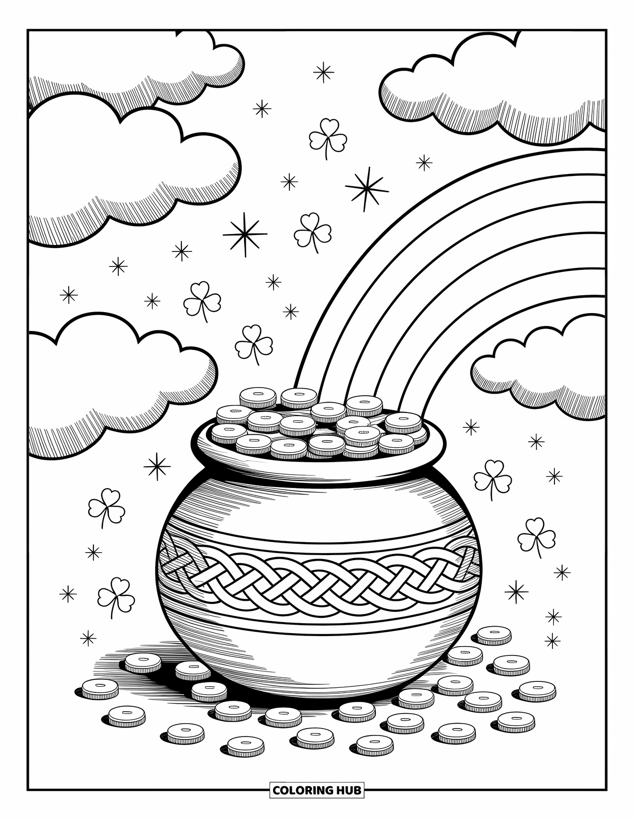 St. Patrick_S Day Coloring Page for Adults: A pot of gold under a rainbow surrounded by stars and shamrocks