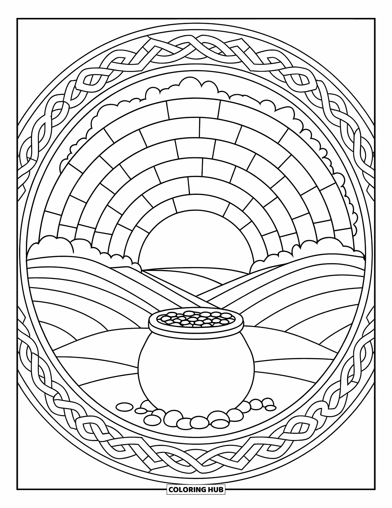 St. Patrick_S Day Coloring Page for Adults: A rainbow arcing over a pot of gold surrounded by Celtic knot patterns