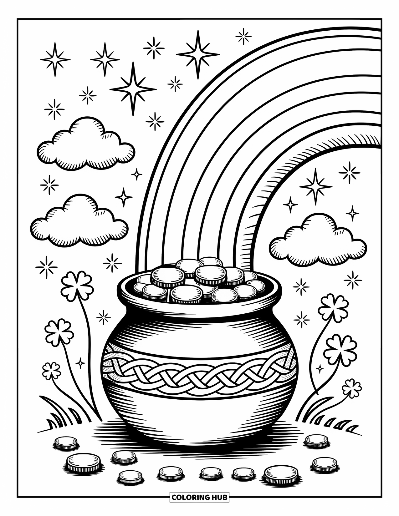 St. Patrick_S Day Coloring Page for Adults: A rainbow over a pot of gold with floating clovers and shining stars
