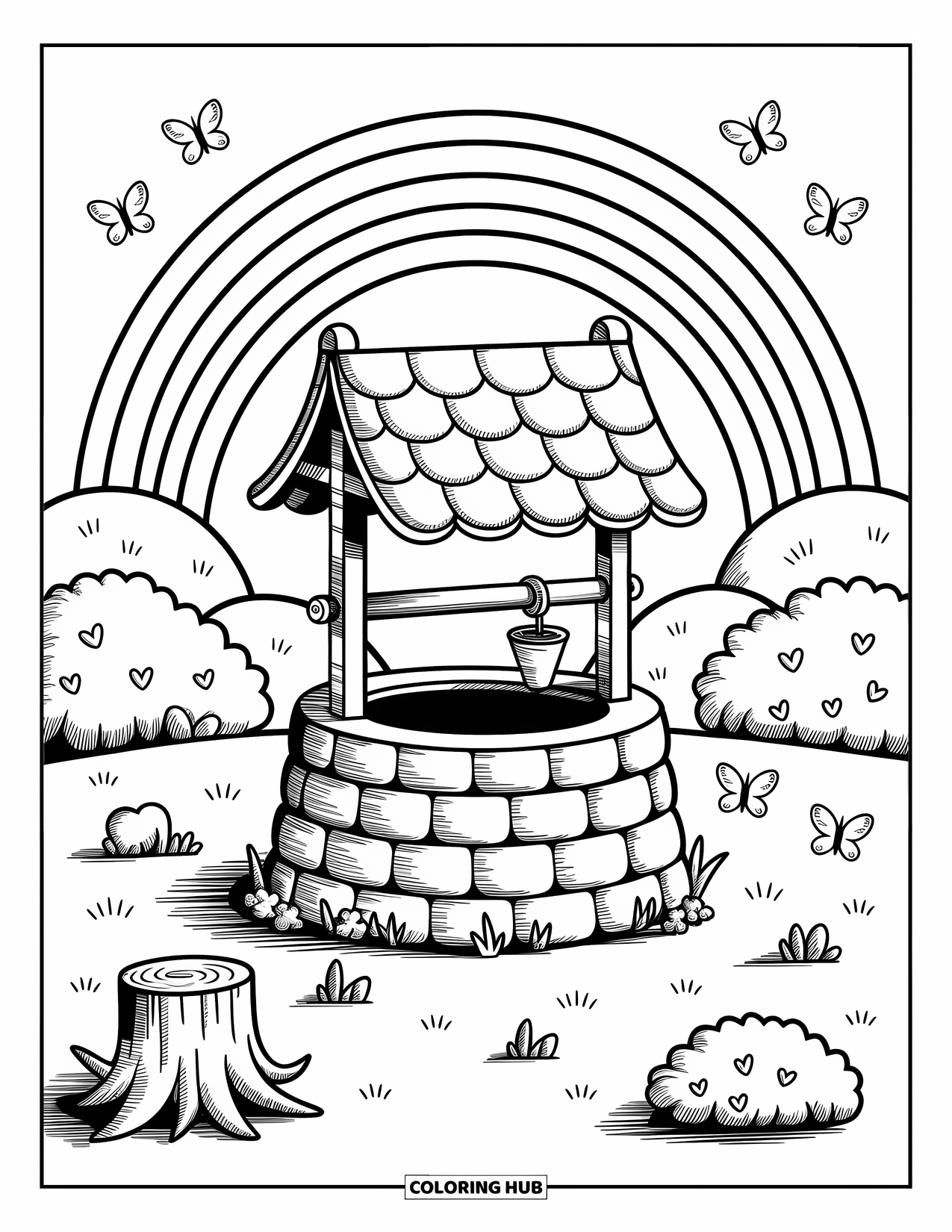 St. Patrick_S Day Coloring Page for Adults: A rounded wishing well with Celtic carvings under a rainbow sky