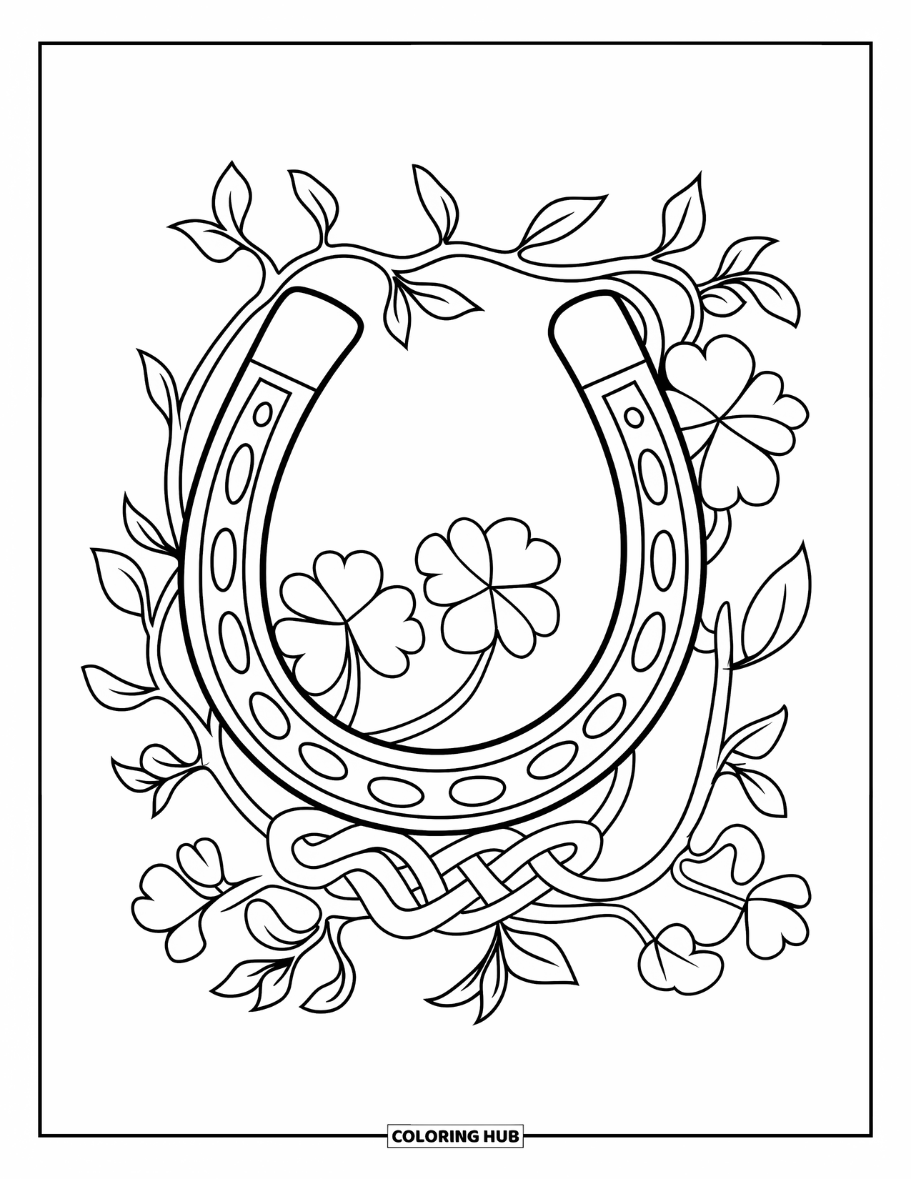 St. Patrick_S Day Coloring Page for Adults: A simple horseshoe with clovers and vines on a plain white background