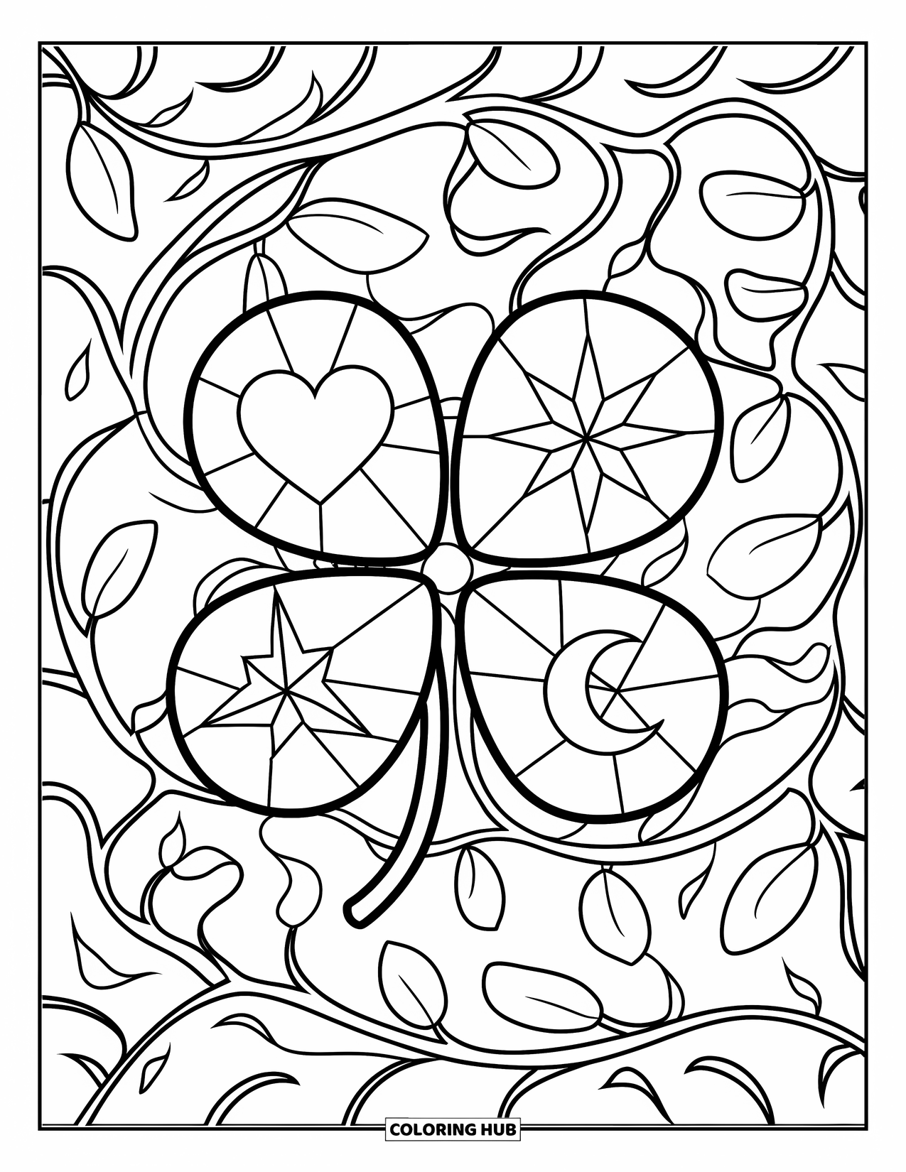 St. Patrick_S Day Coloring Page for Adults: A stained-glass clover with heart, star, moon, and lightning designs
