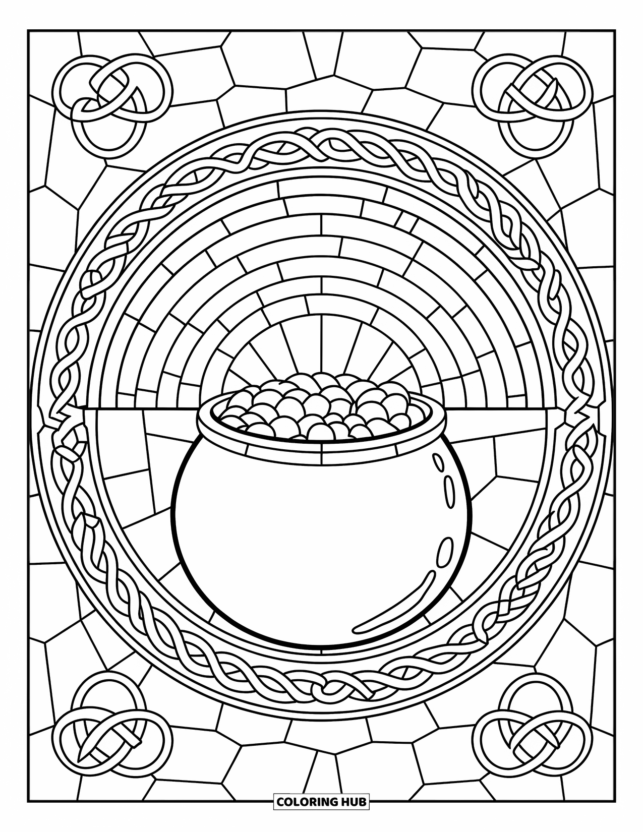 St. Patrick_S Day Coloring Page for Adults: A stained-glass pot of gold under a rainbow surrounded by Celtic knots
