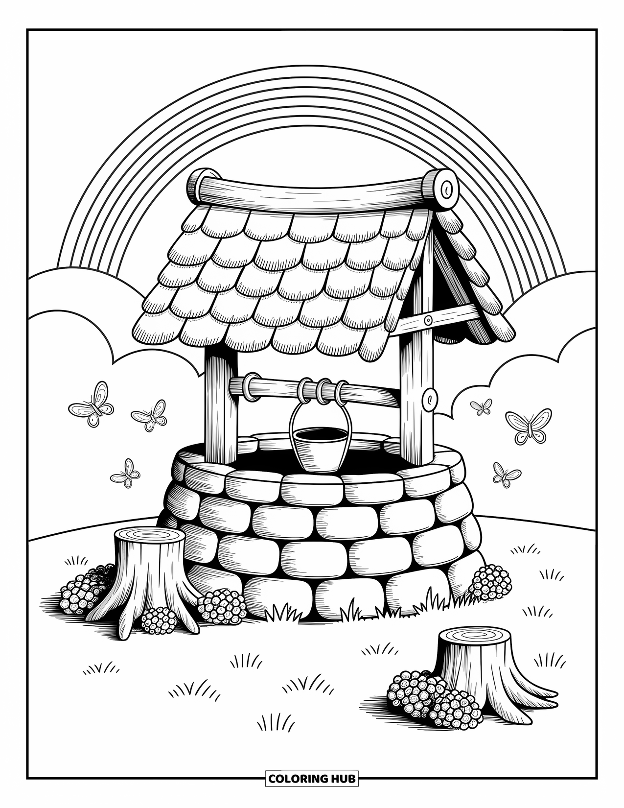 St. Patrick_S Day Coloring Page for Adults: A stone wishing well with a thatched roof and butterflies nearby