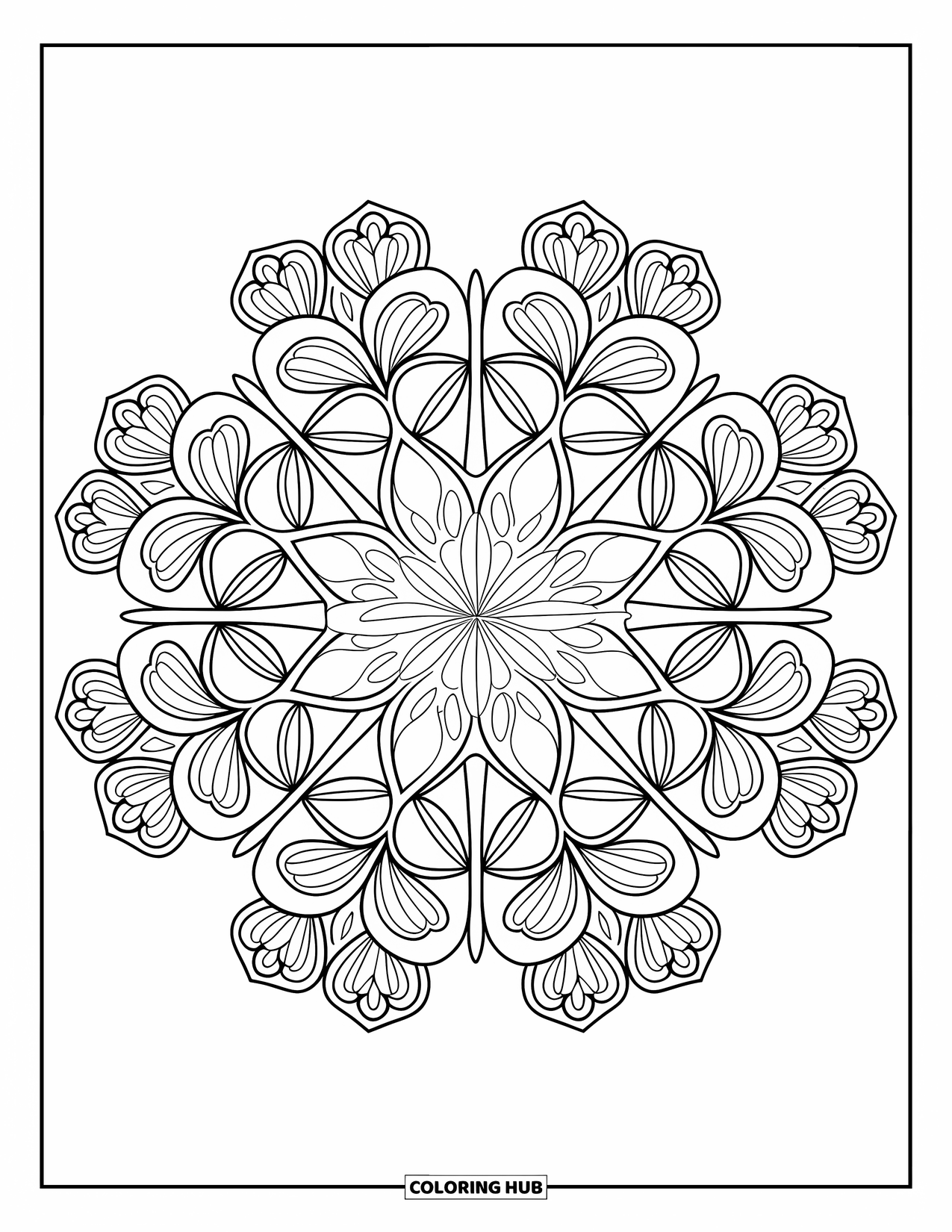 St. Patrick_S Day Coloring Page for Adults: A symmetrical mandala of shamrocks with bold, clean outlines