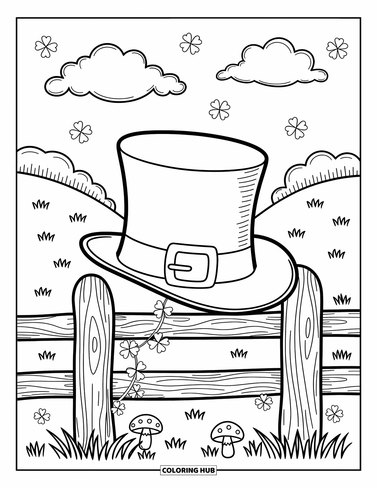 St. Patrick_S Day Coloring Page for Adults: A tall hat with a belt buckle on a fence with clovers and mushrooms