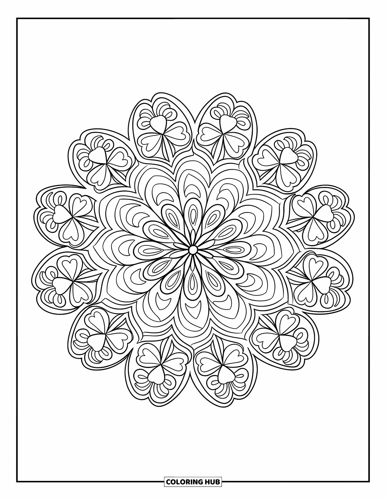 St. Patrick_S Day Coloring Page for Adults: An intricate mandala of clovers and shamrocks designed for relaxation