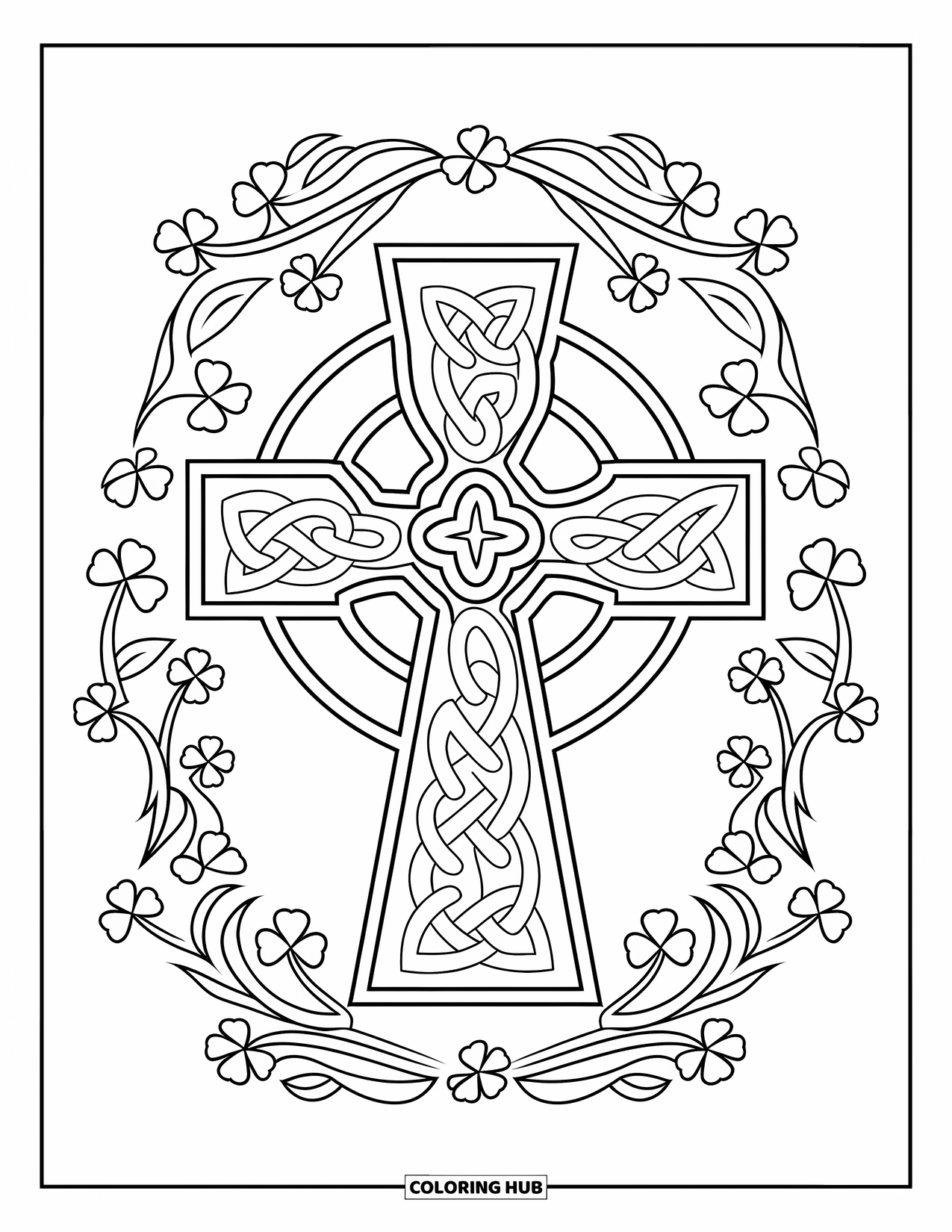 St. Patrick_S Day Coloring Page for Adults: An ornate Celtic cross framed by clover and floral designs
