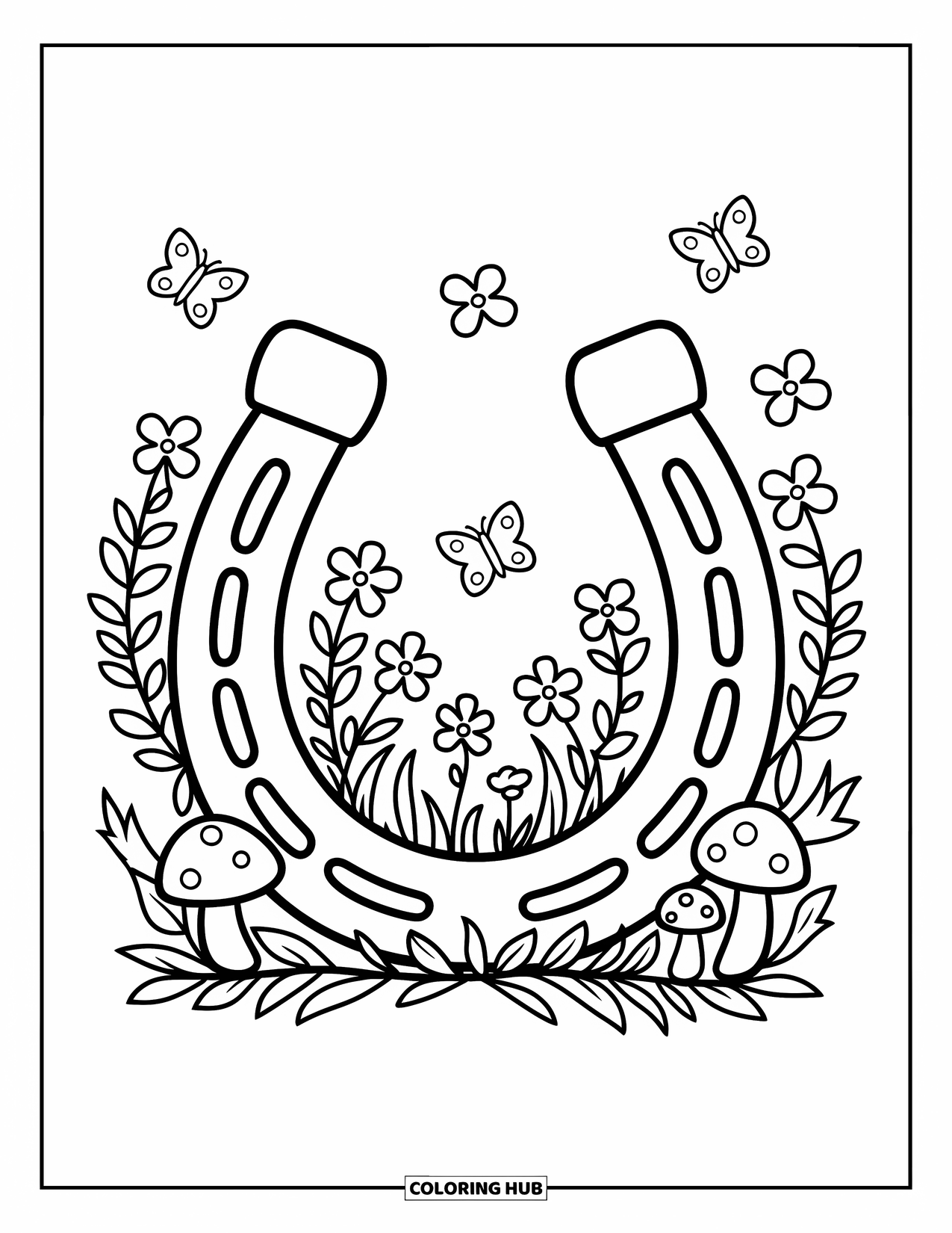St. Patrick_S Day Coloring Page for Adults: An upright horseshoe among clovers, mushrooms, and fluttering butterflies