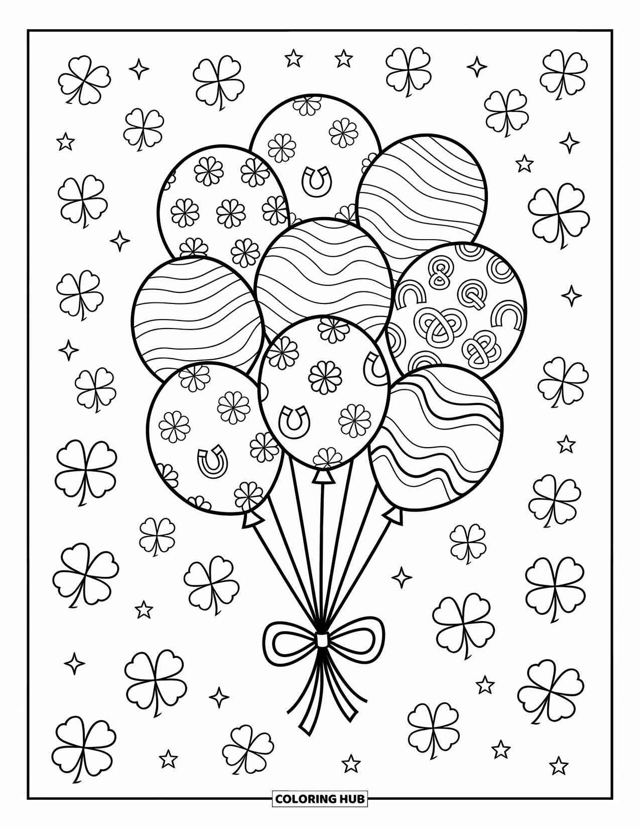 St. Patrick_S Day Coloring Page for Adults: Balloons decorated with Celtic symbols and shamrocks floating in the air