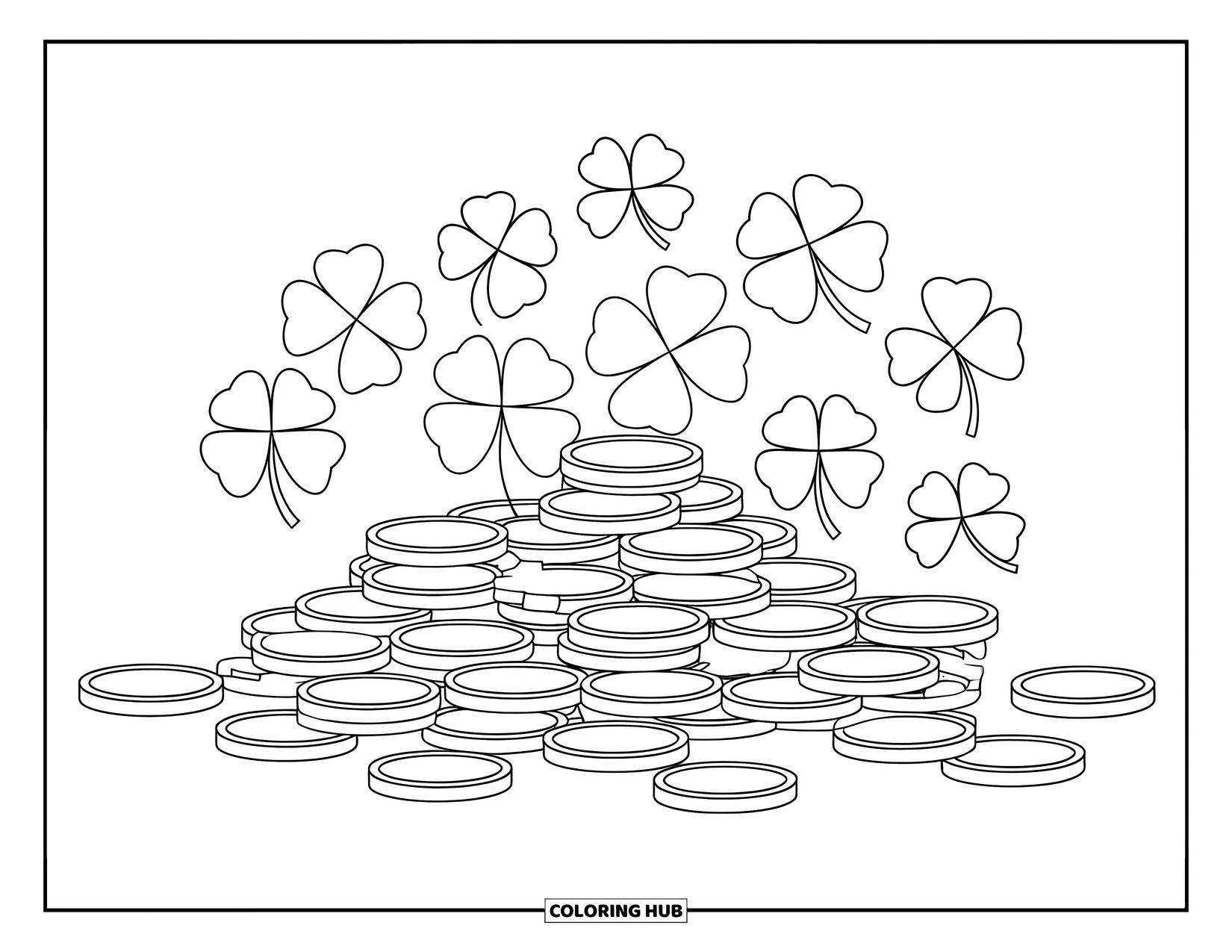 St. Patrick_S Day Coloring Page for Kids: A big pile of coins surrounded by three-leaf clovers