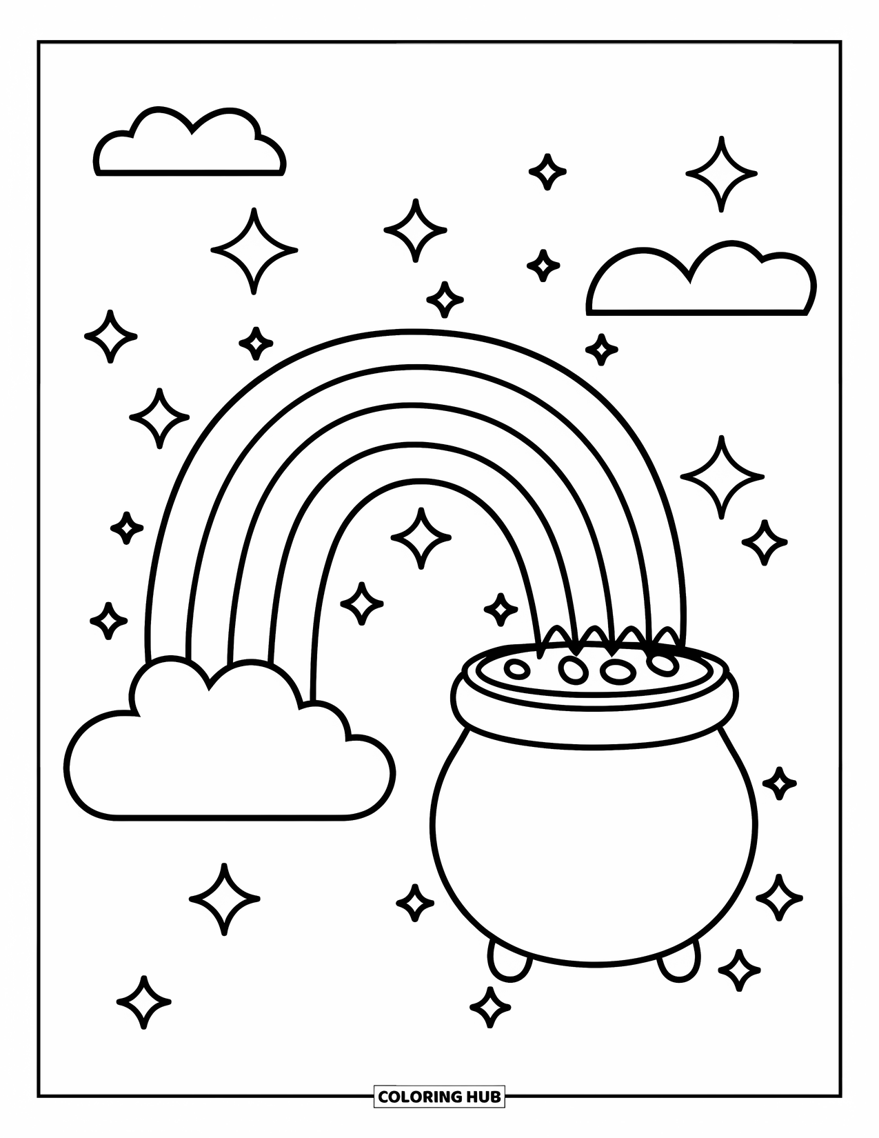 St. Patrick_S Day Coloring Page for Kids: A bright rainbow arched over a pot of gold with simple clouds