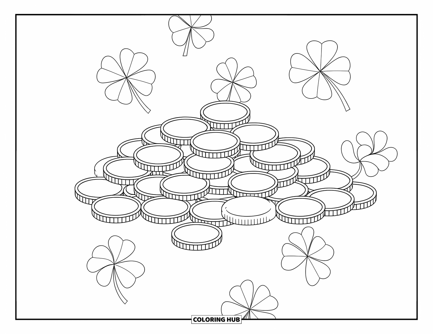 St. Patrick_S Day Coloring Page for Kids: A cheerful coin pile with clovers drawn in bold outlines