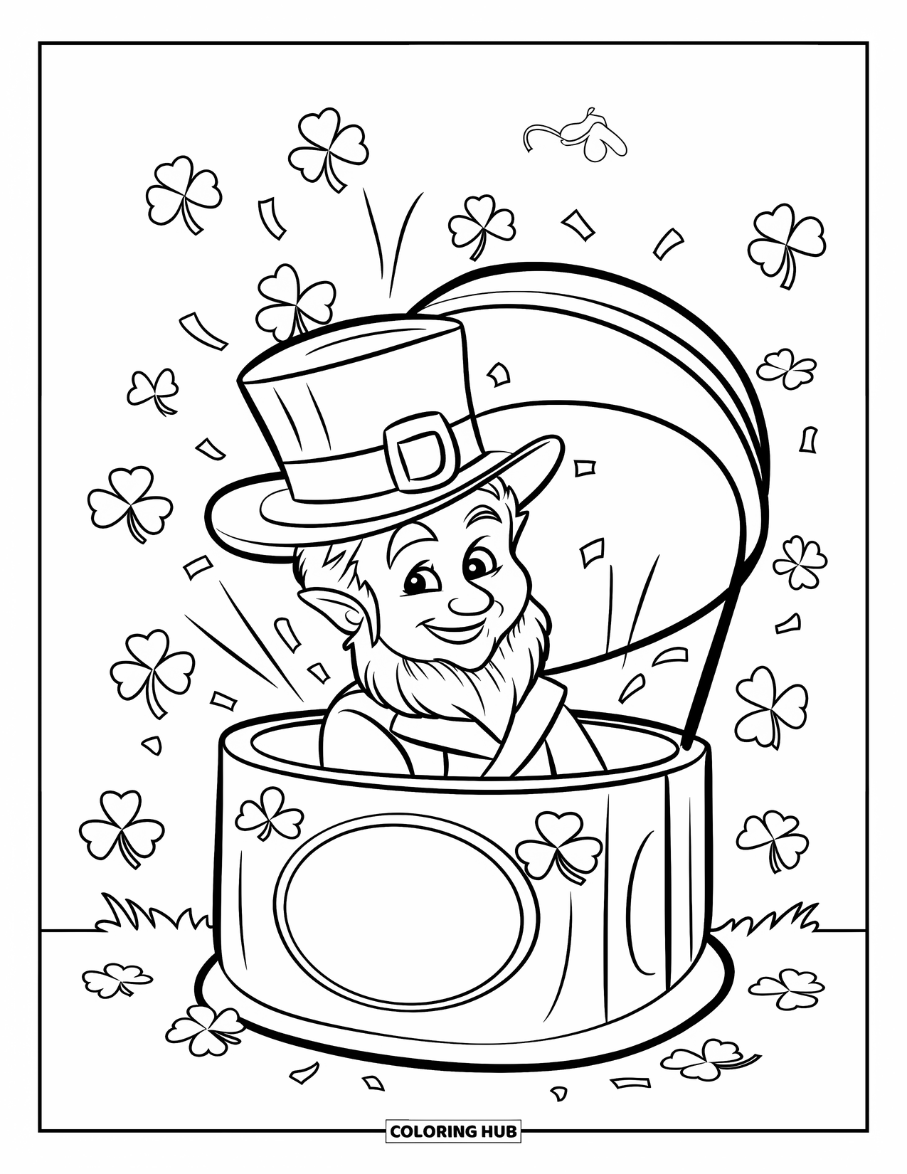 St. Patrick_S Day Coloring Page for Kids: A cheerful leprechaun bursting from a clover-filled jack-in-the-box