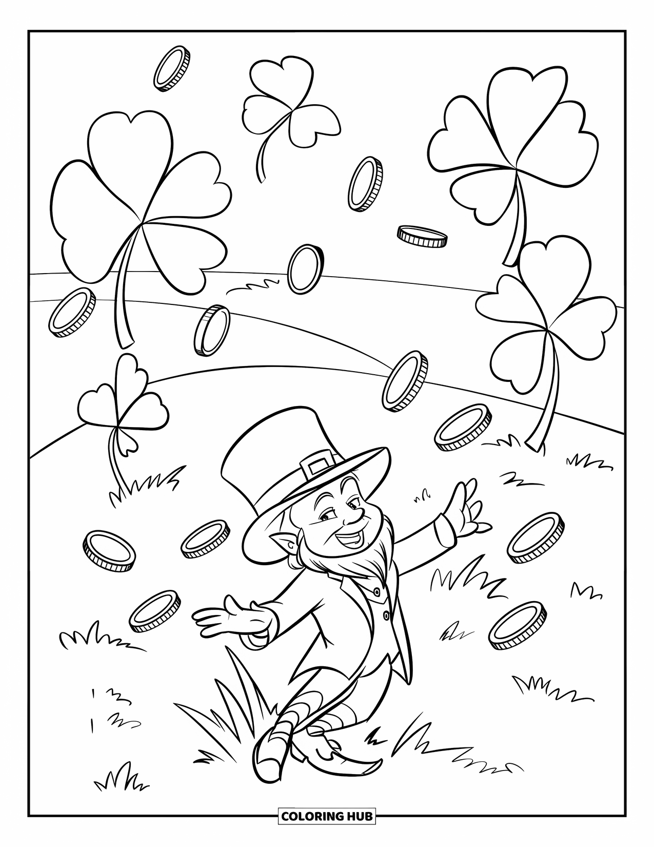 St. Patrick_S Day Coloring Page for Kids: A cheerful leprechaun dancing in a shamrock field under falling coins