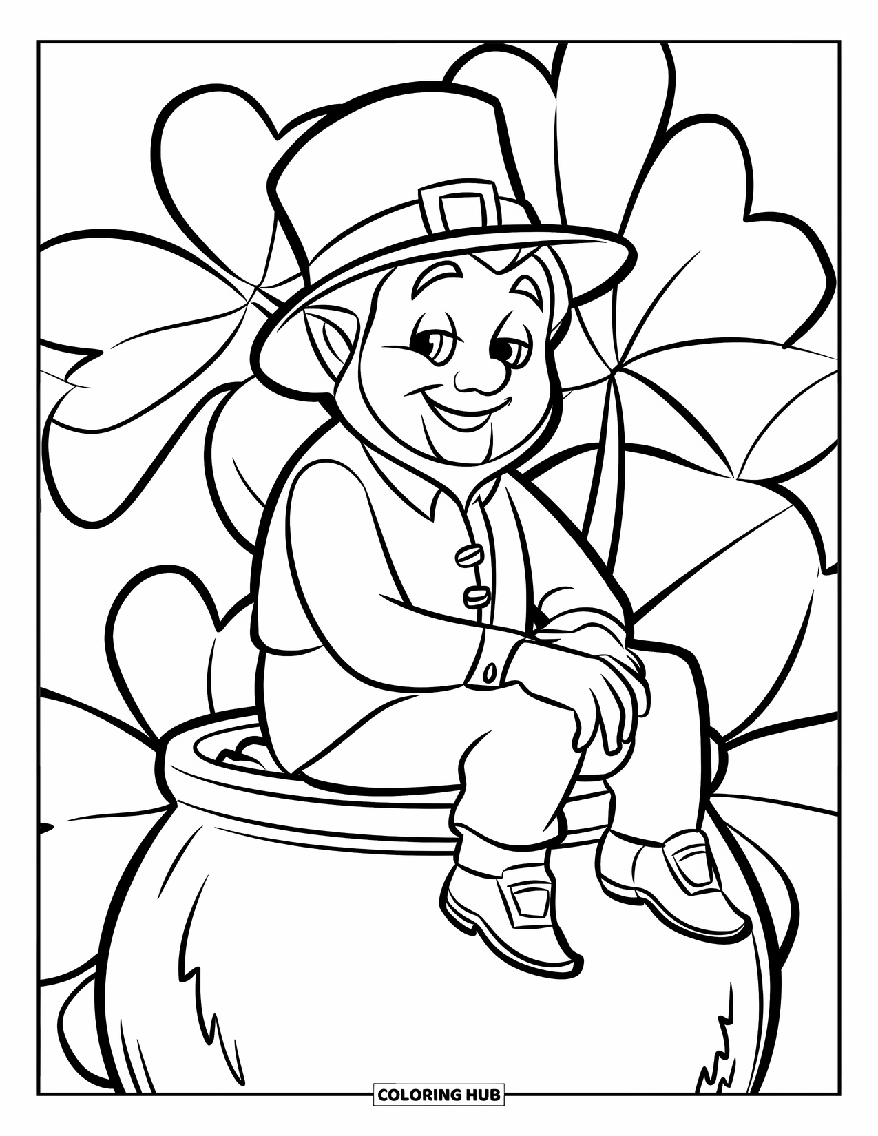 St. Patrick_S Day Coloring Page for Kids: A cheerful leprechaun sitting on gold with shamrocks behind