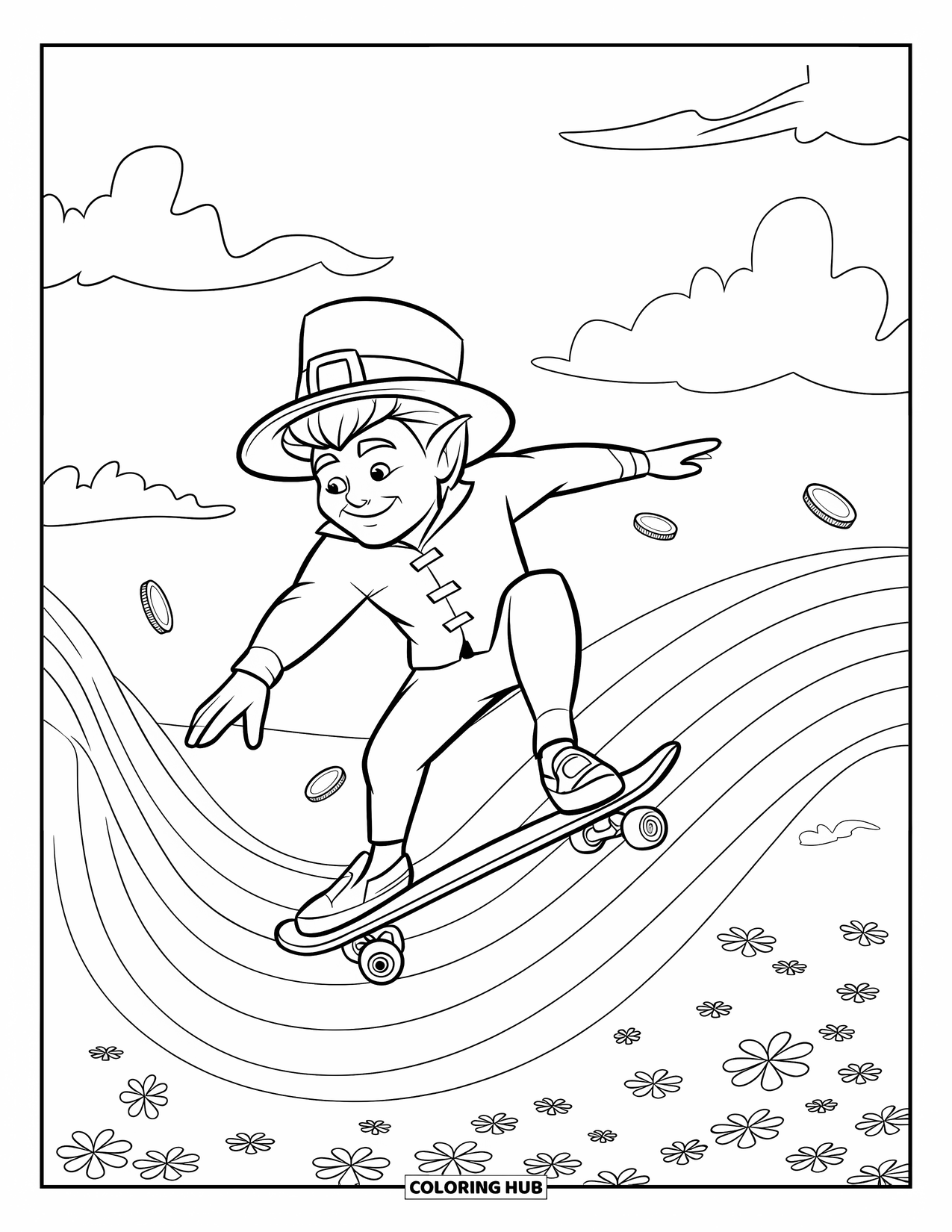 St. Patrick_S Day Coloring Page for Kids: A cheerful leprechaun skating on a rainbow through the clouds