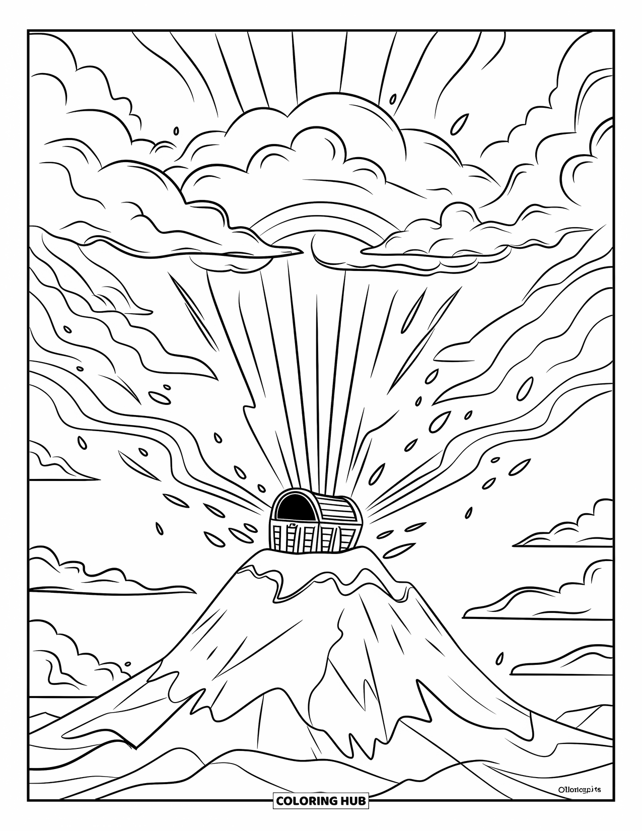 St. Patrick_S Day Coloring Page for Kids: A dramatic rainbow storm with treasure at the mountain top
