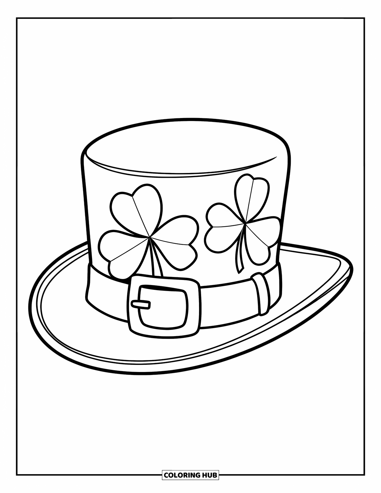 St. Patrick_S Day Coloring Page for Kids: A festive hat with a buckle surrounded by large shamrocks