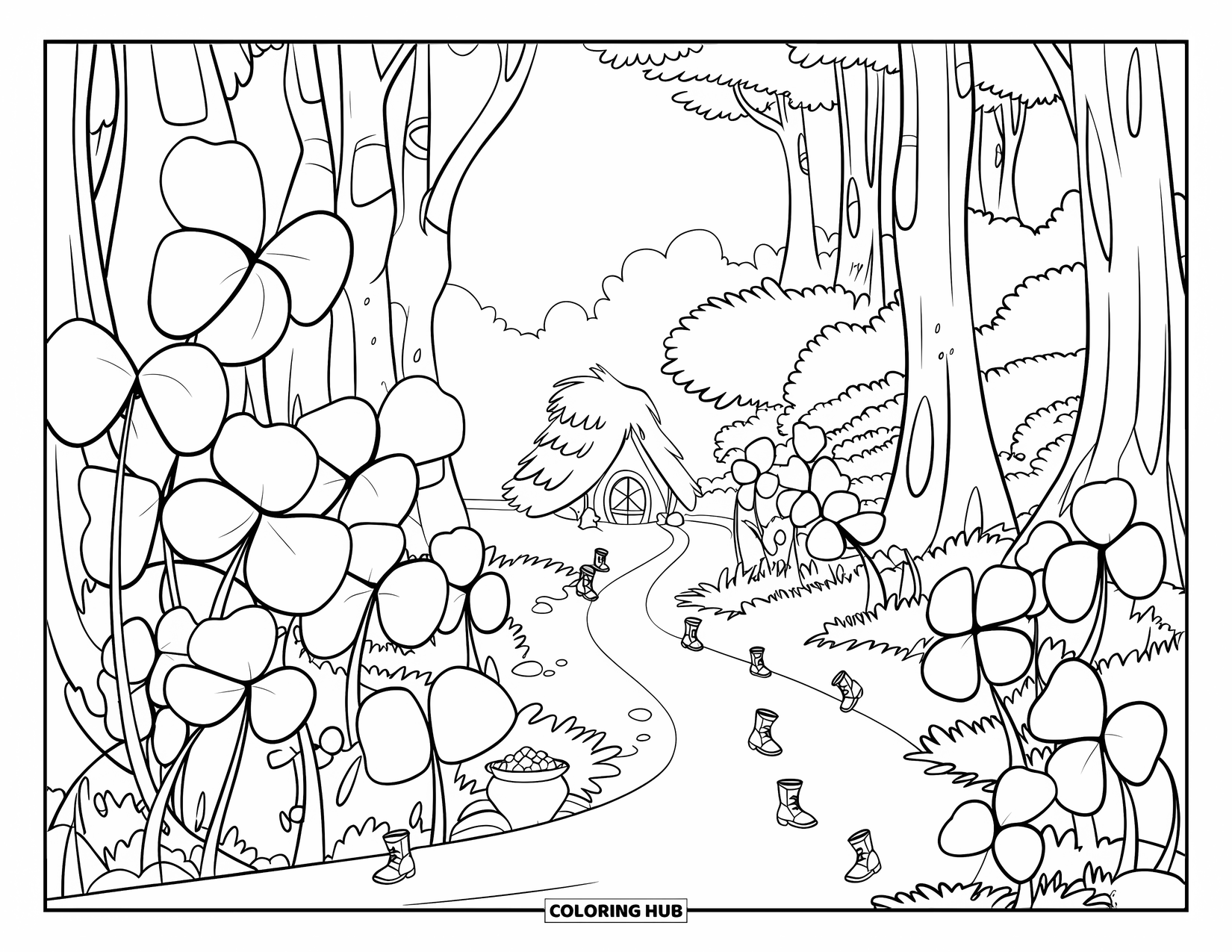 St. Patrick_S Day Coloring Page for Kids: A forest path of giant clovers leading to a secret pot of gold