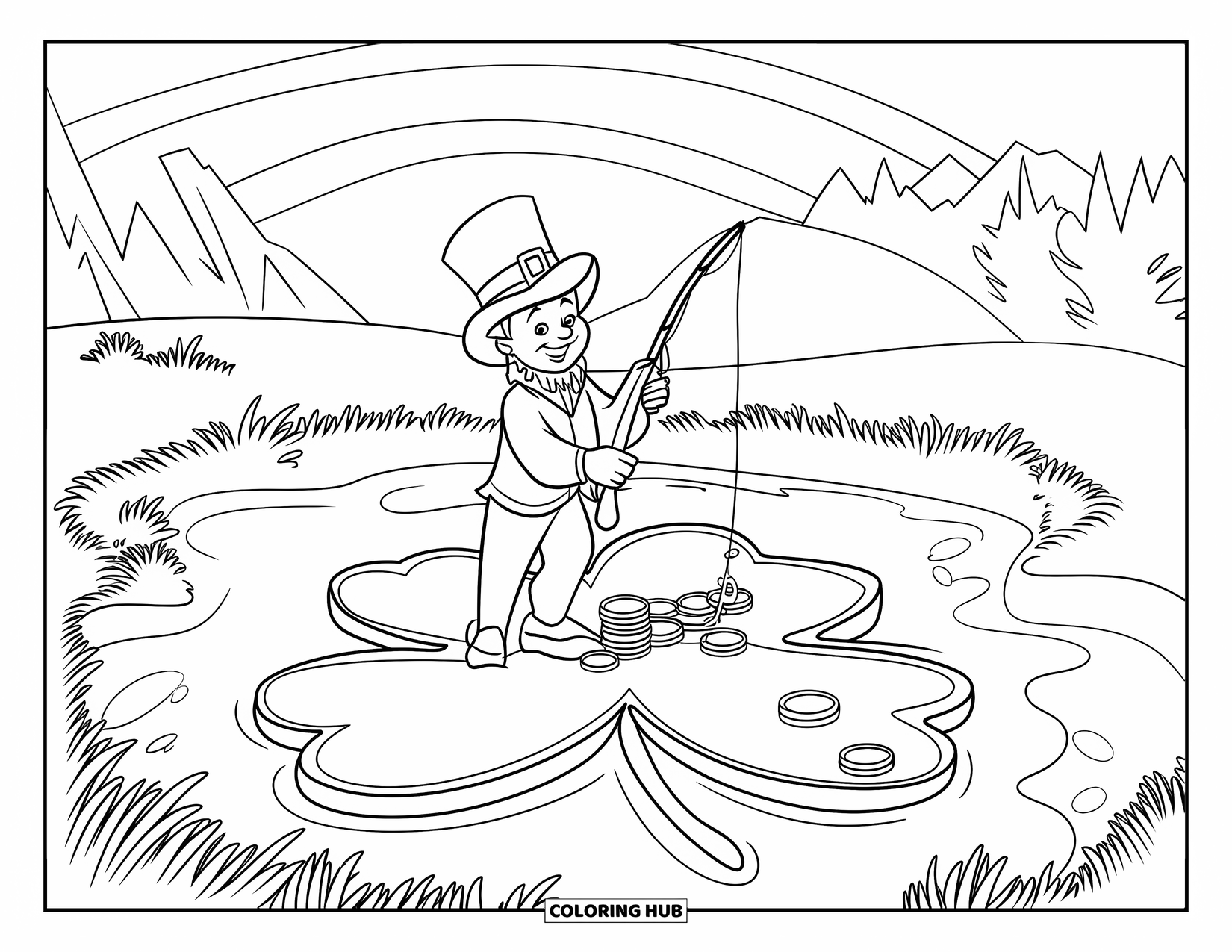 St. Patrick_S Day Coloring Page for Kids: A happy leprechaun fishing gold from a clover lake under a rainbow