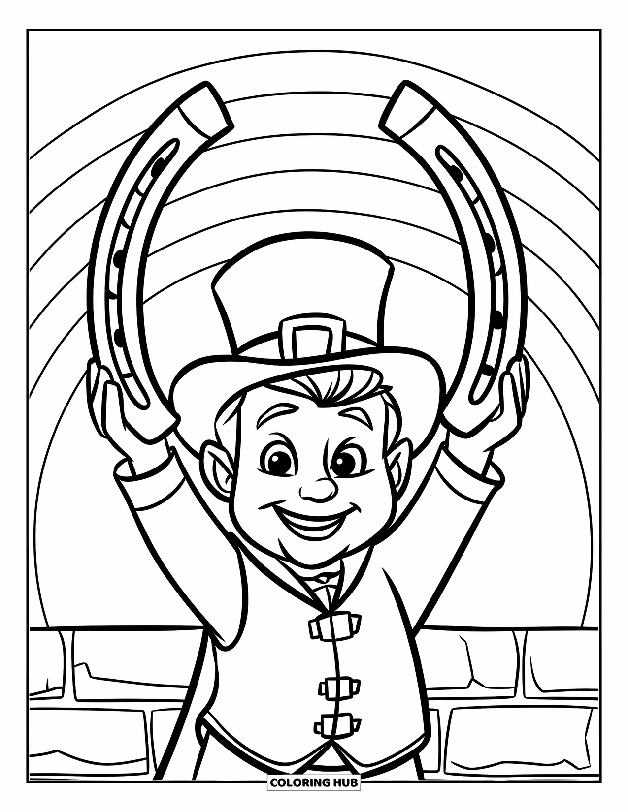 St. Patrick_S Day Coloring Page for Kids: A happy leprechaun raising a horseshoe under a rainbow sky