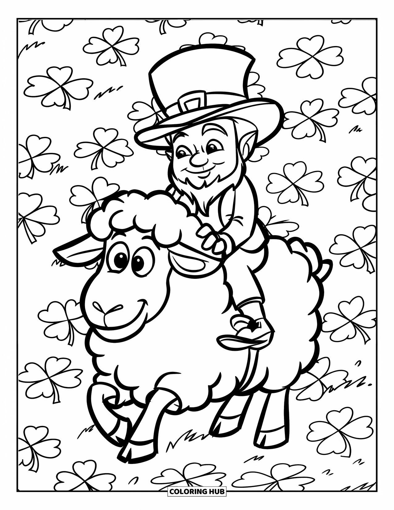St. Patrick_S Day Coloring Page for Kids: A happy leprechaun riding a smiling sheep among clovers