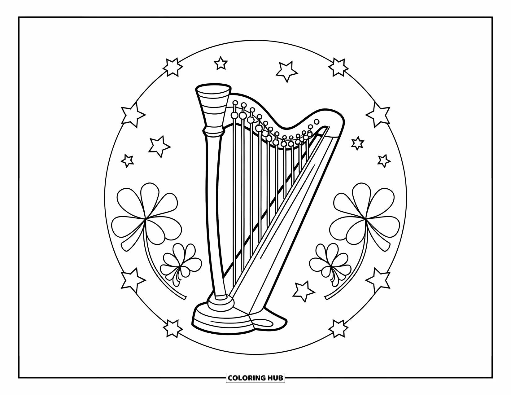 St. Patrick_S Day Coloring Page for Kids: A harp with stars and clovers in a playful, simple design