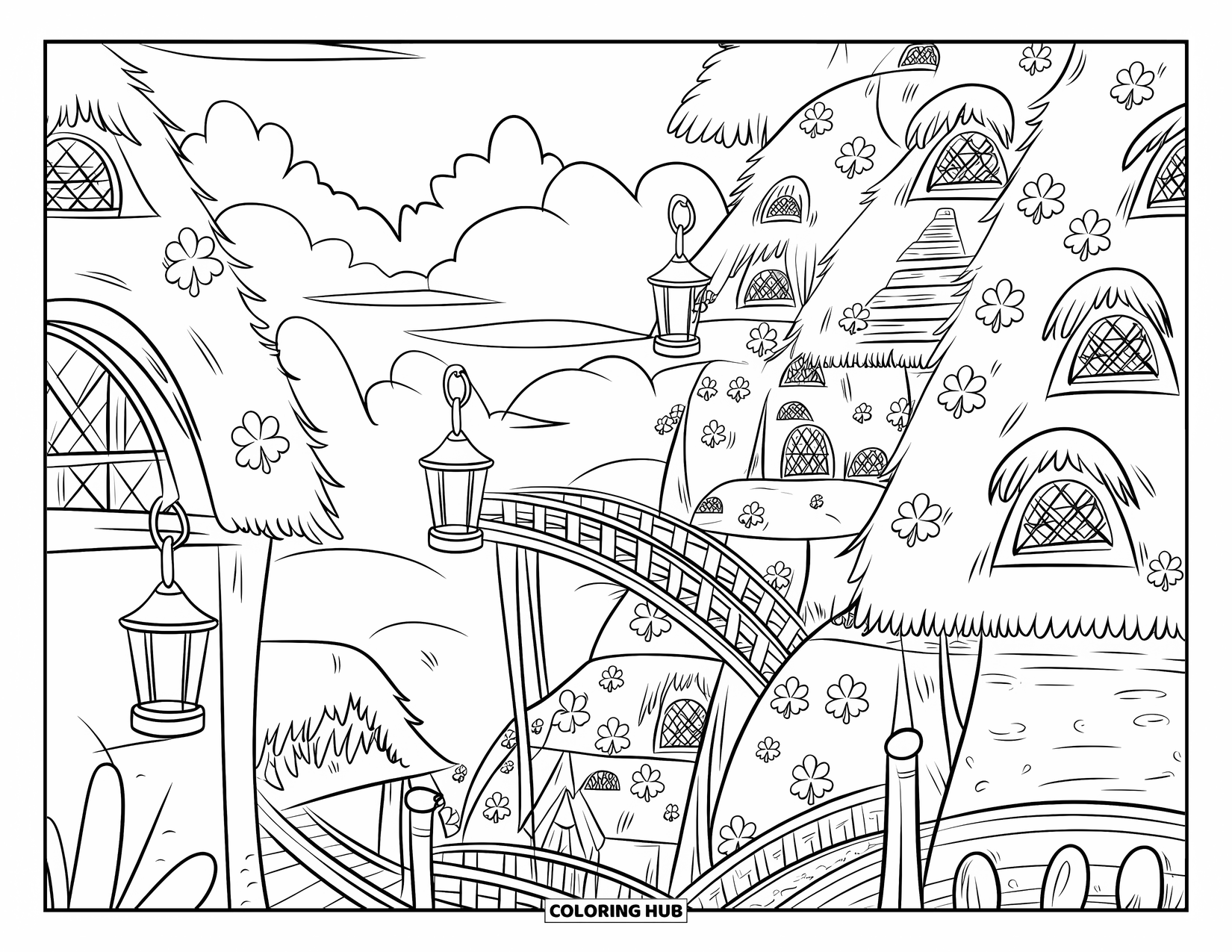 St. Patrick_S Day Coloring Page for Kids: A hillside leprechaun village with lanterns, bridges, and winding paths
