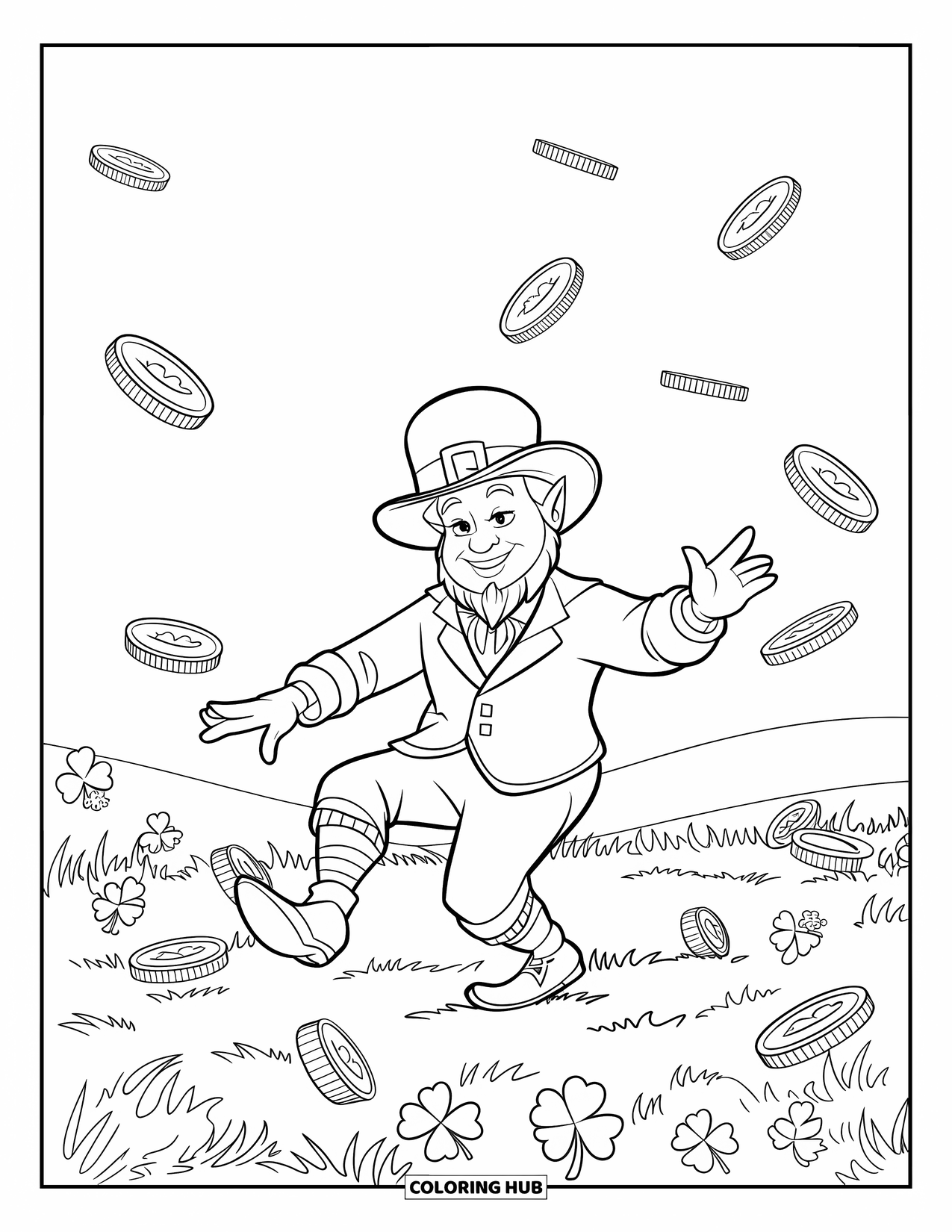 St. Patrick_S Day Coloring Page for Kids: A joyful leprechaun dancing among gold coins and shamrocks