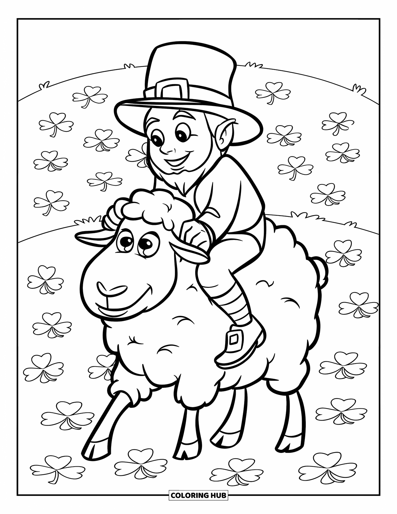St. Patrick_S Day Coloring Page for Kids: A leprechaun and sheep crossing a field full of shamrocks
