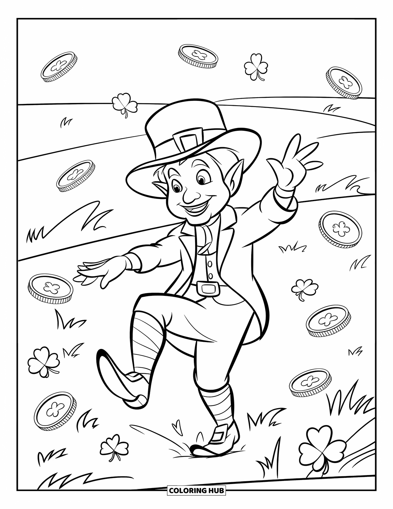 St. Patrick_S Day Coloring Page for Kids: A leprechaun dancing in a field with shamrocks and falling coins