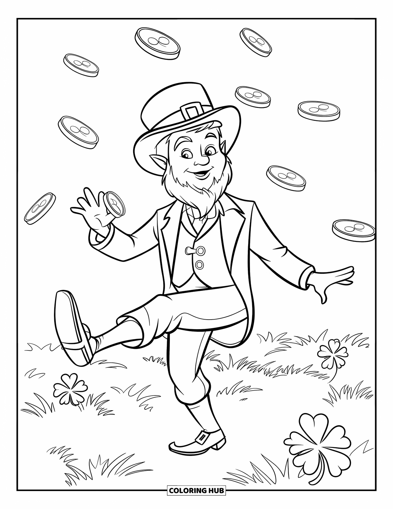 St. Patrick_S Day Coloring Page for Kids: A leprechaun dancing with gold coins raining around him