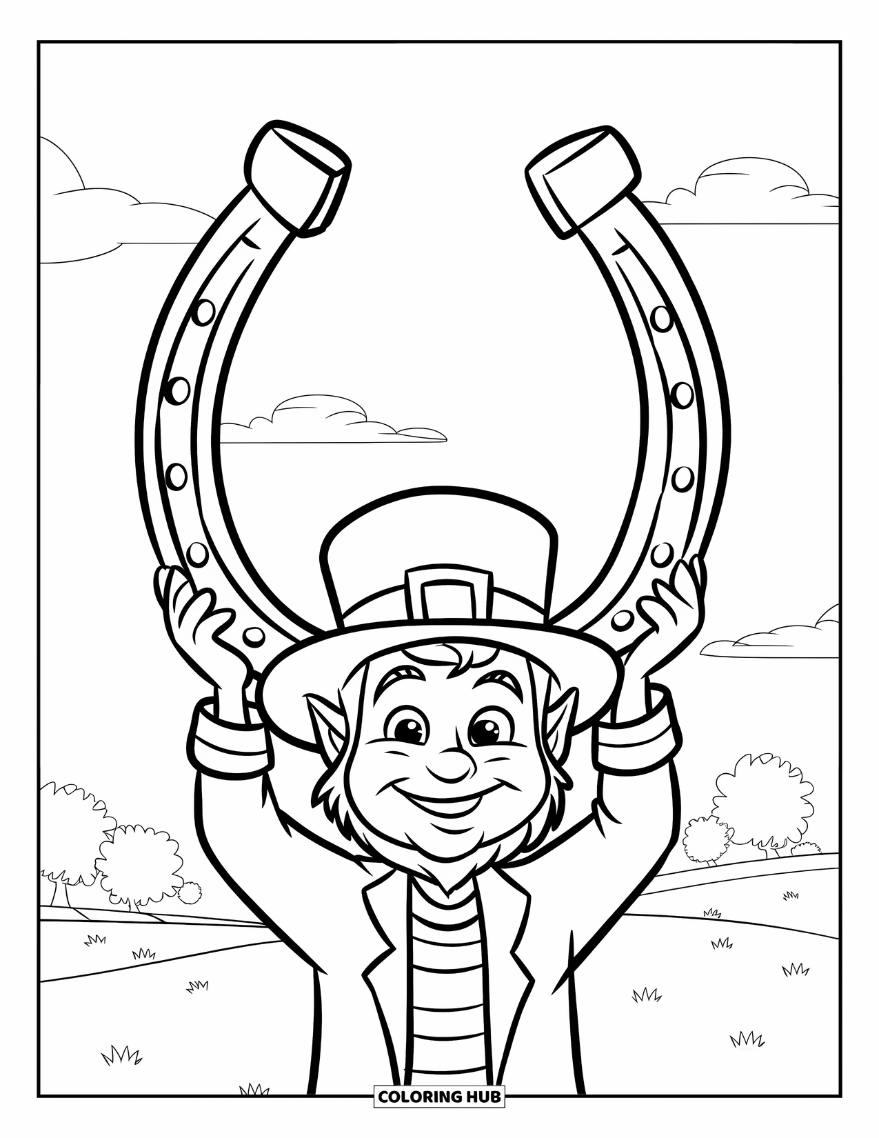 St. Patrick_S Day Coloring Page for Kids: A leprechaun holding a horseshoe in a sunny clover field