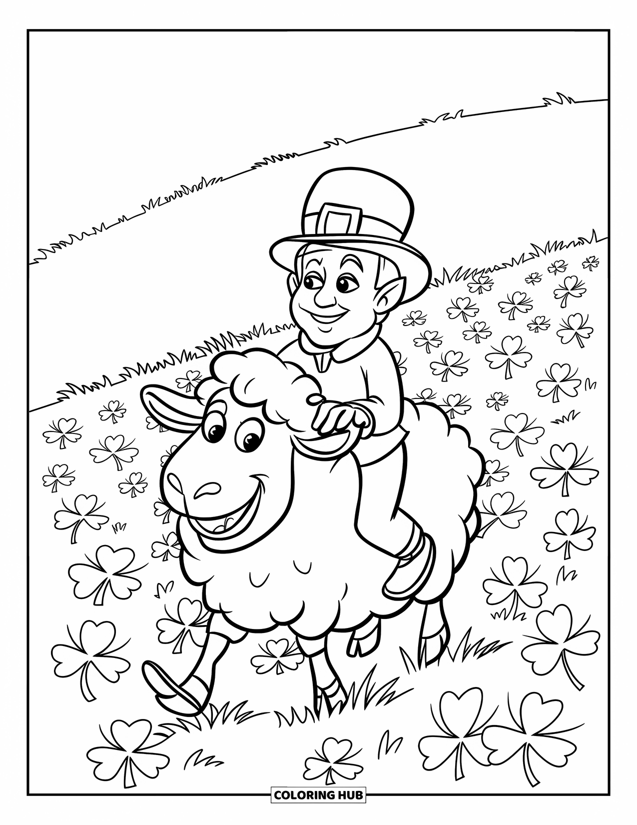 St. Patrick_S Day Coloring Page for Kids: A leprechaun laughing atop a sheep in a clover meadow