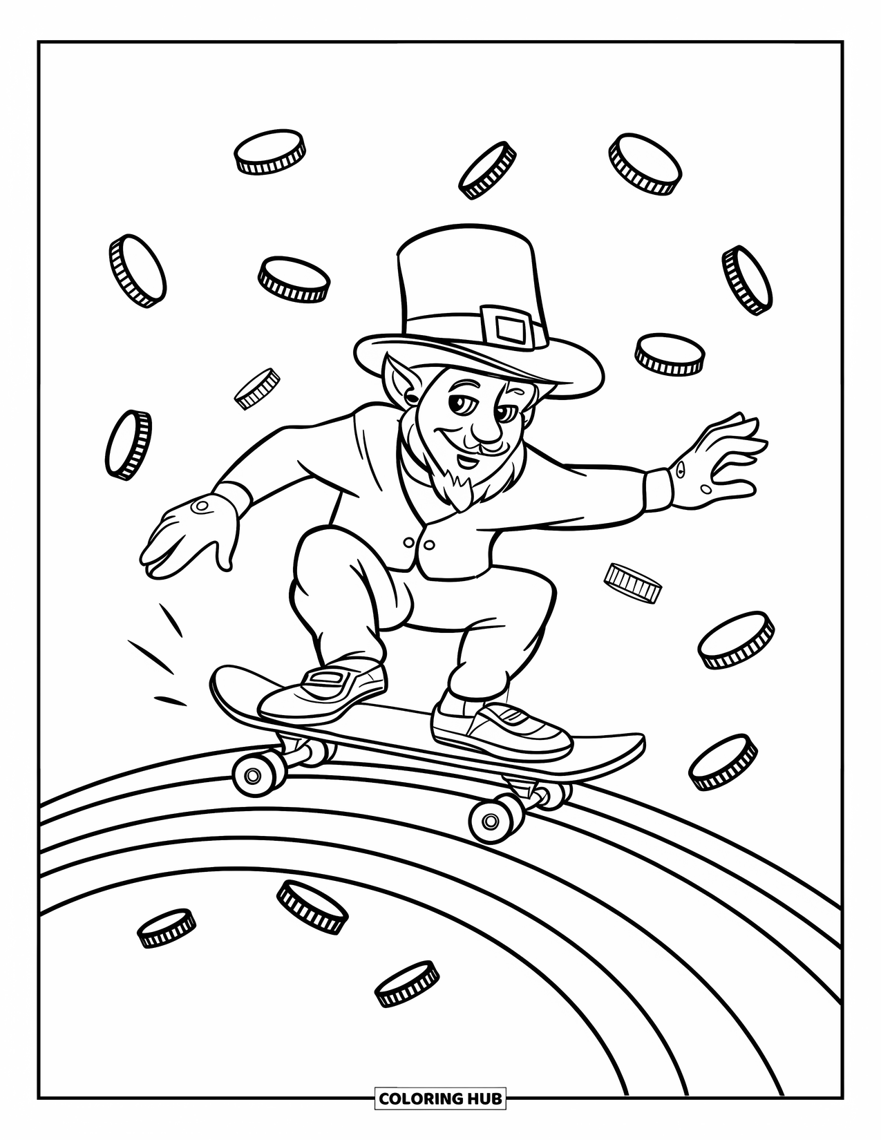 St. Patrick_S Day Coloring Page for Kids: A leprechaun on a skateboard gliding over a rainbow