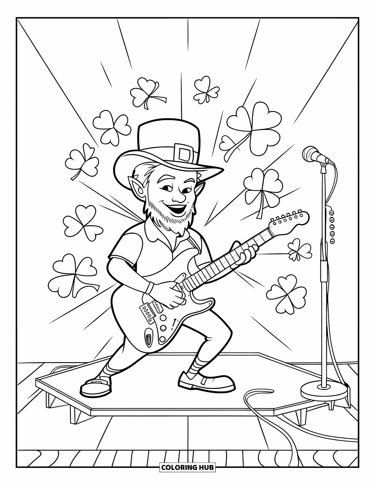 St. Patrick_S Day Coloring Page for Kids: A leprechaun playing guitar under spotlights and falling clovers