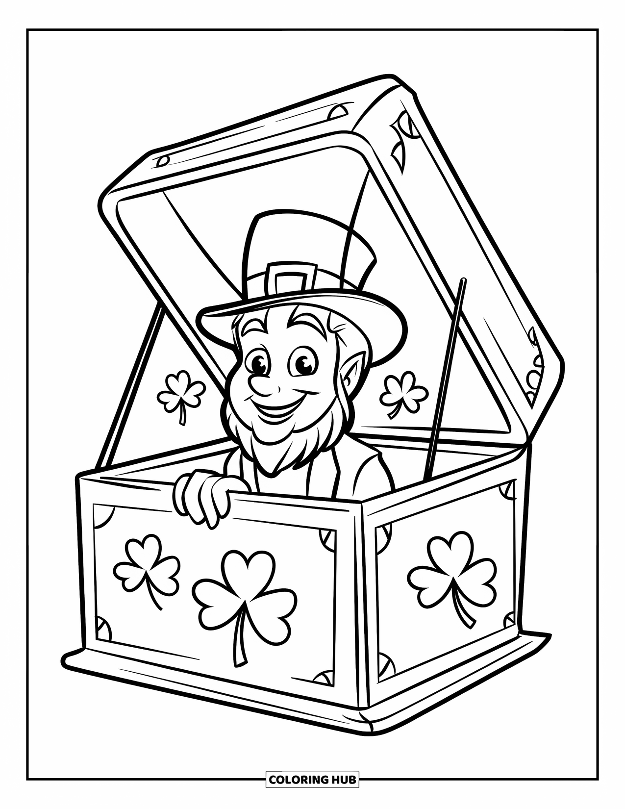 St. Patrick_S Day Coloring Page for Kids: A leprechaun popping out of a jack-in-the-box with clover confetti