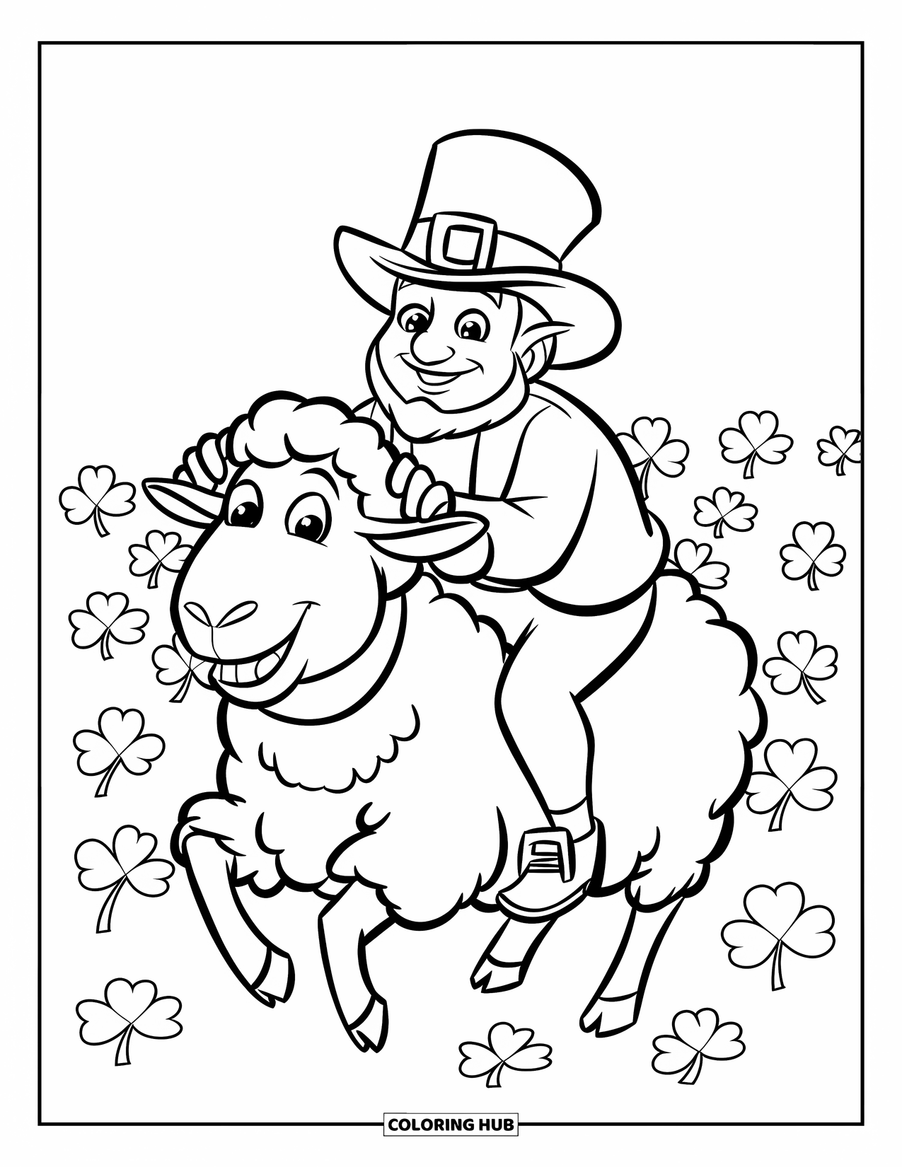 St. Patrick_S Day Coloring Page for Kids: A leprechaun riding a sheep through a shamrock field