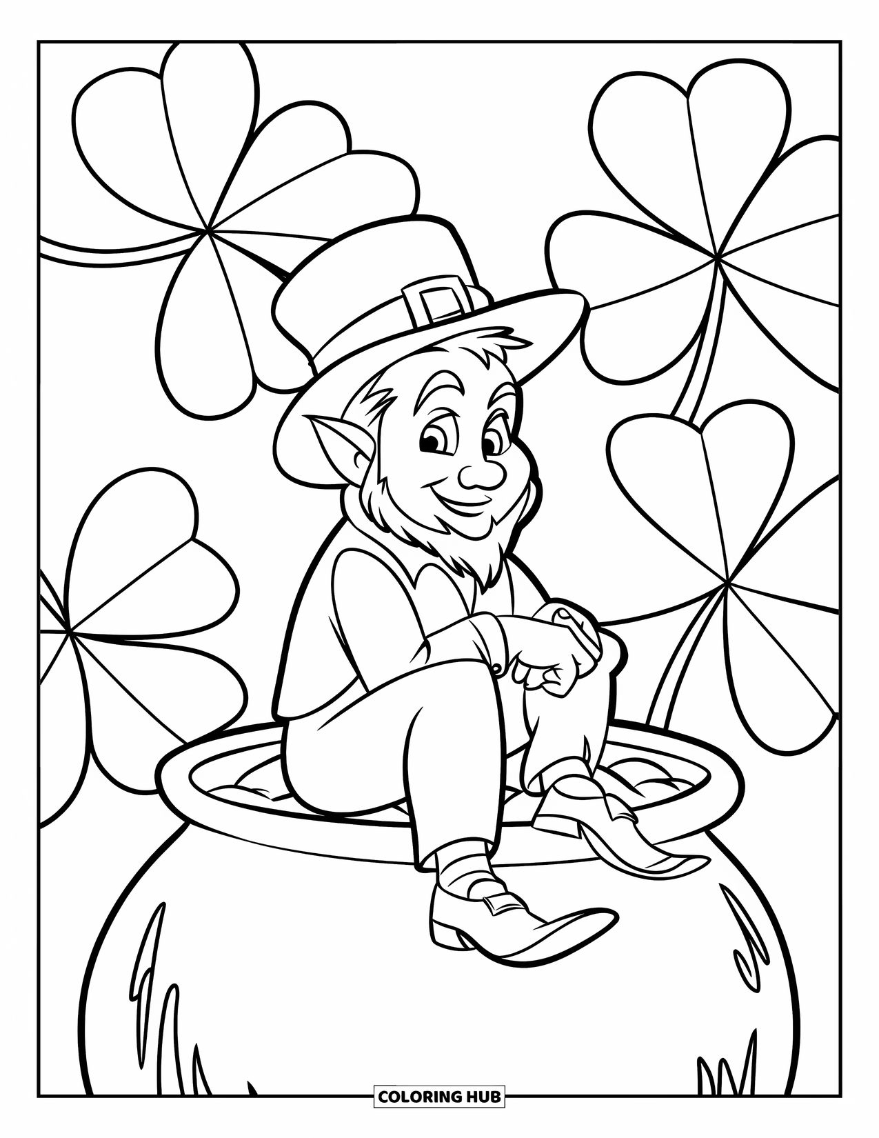 St. Patrick_S Day Coloring Page for Kids: A leprechaun sitting happily on a pot of gold with shamrocks
