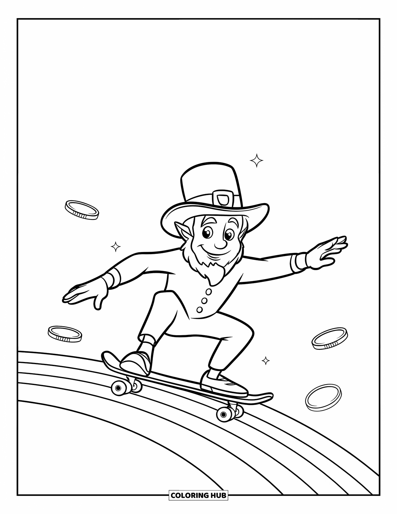 St. Patrick_S Day Coloring Page for Kids: A leprechaun skateboarding on a rainbow with flying coins