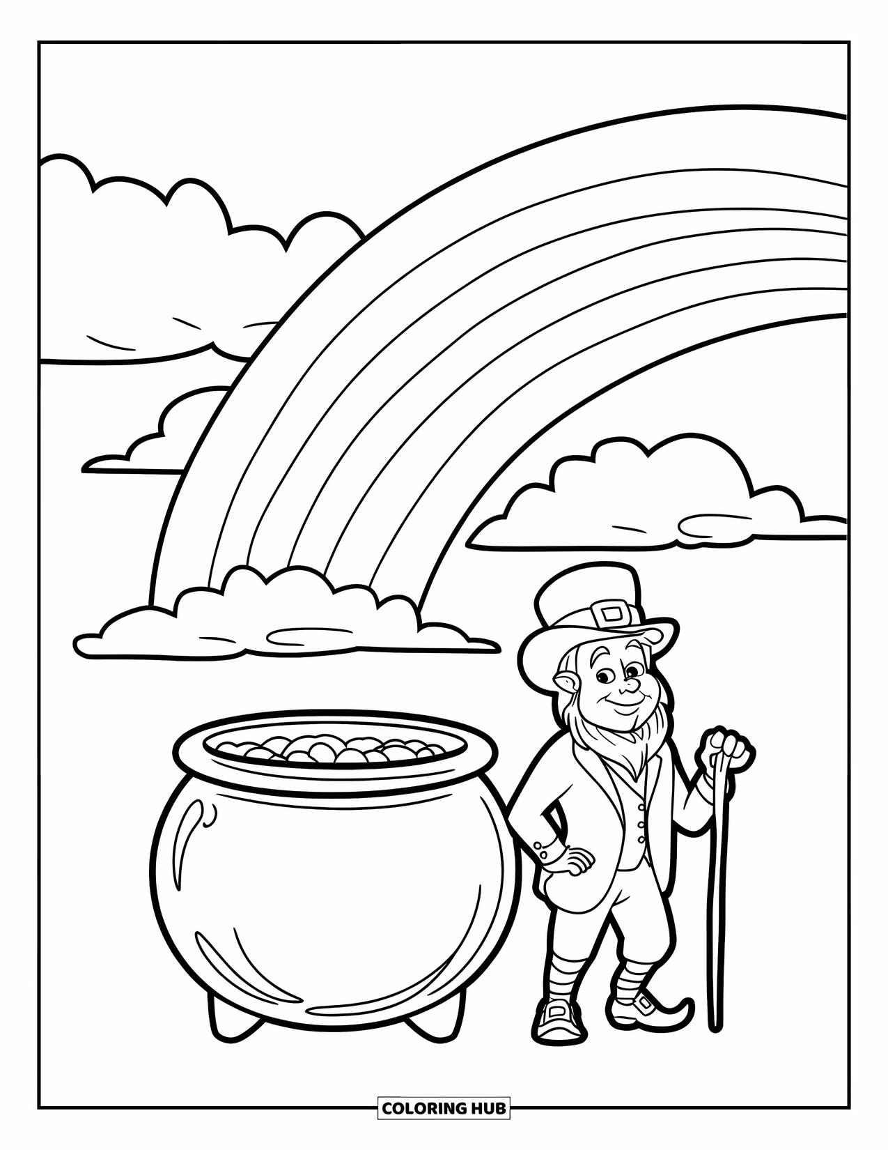 St. Patrick_S Day Coloring Page for Kids: A leprechaun standing on clouds with a pot of gold and rainbow
